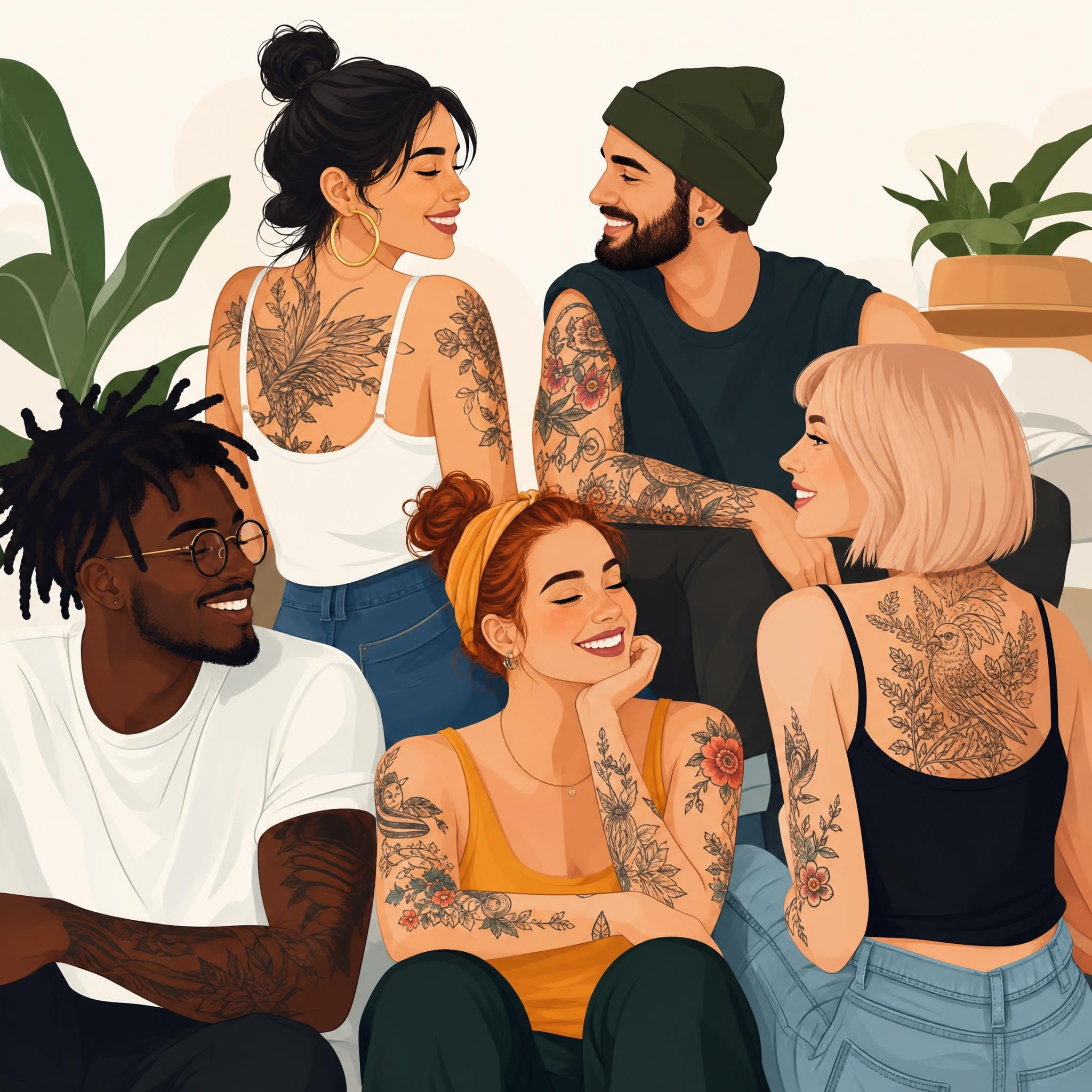 Illustration décontractée et colorée montrant plusieurs personnes souriantes avec des tatouages visibles sur les bras et le dos, style illustratif sans texte