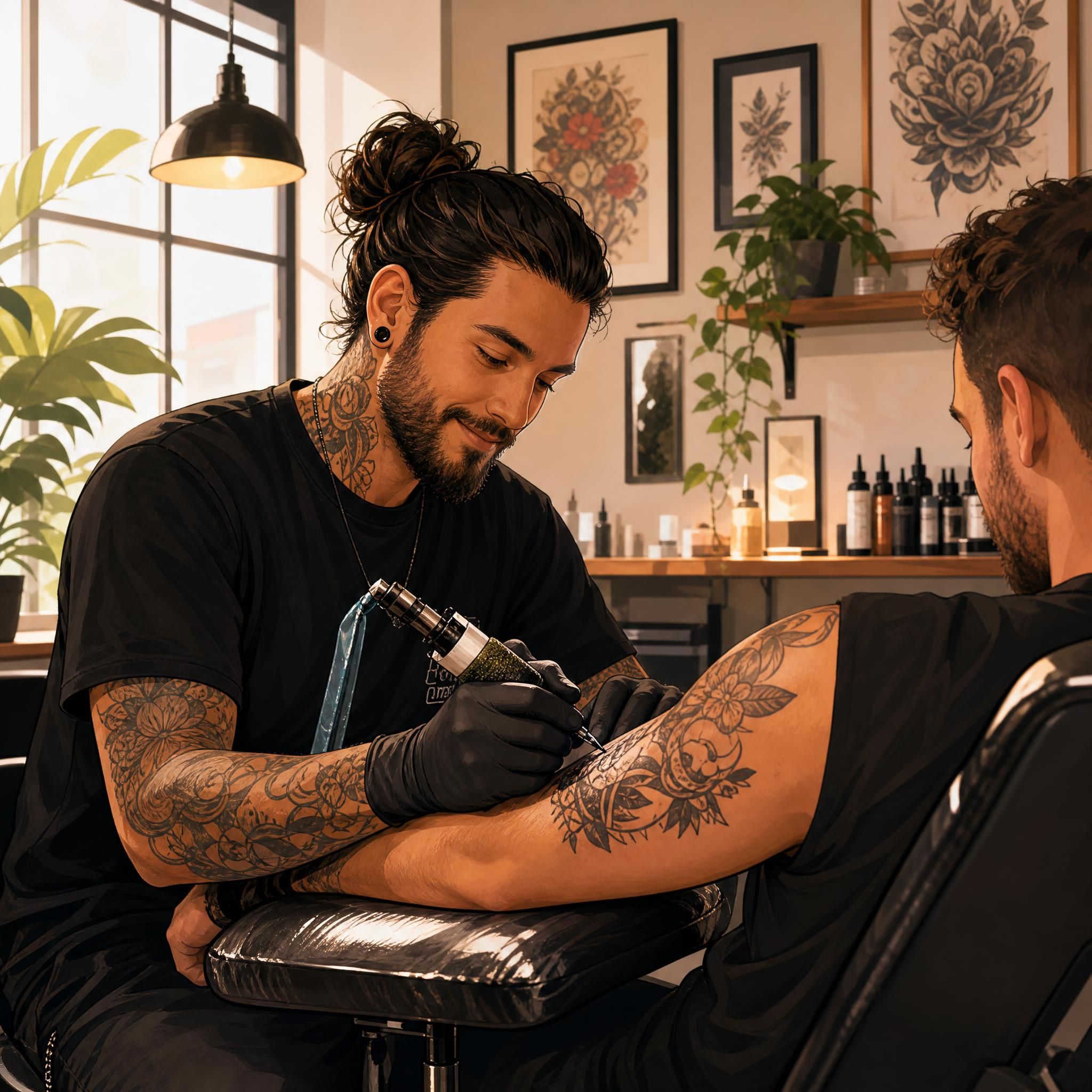 Illustration chaleureuse d'un tatoueur en train de travailler sur un client dans un studio moderne et lumineux, style illustratif, sans texte