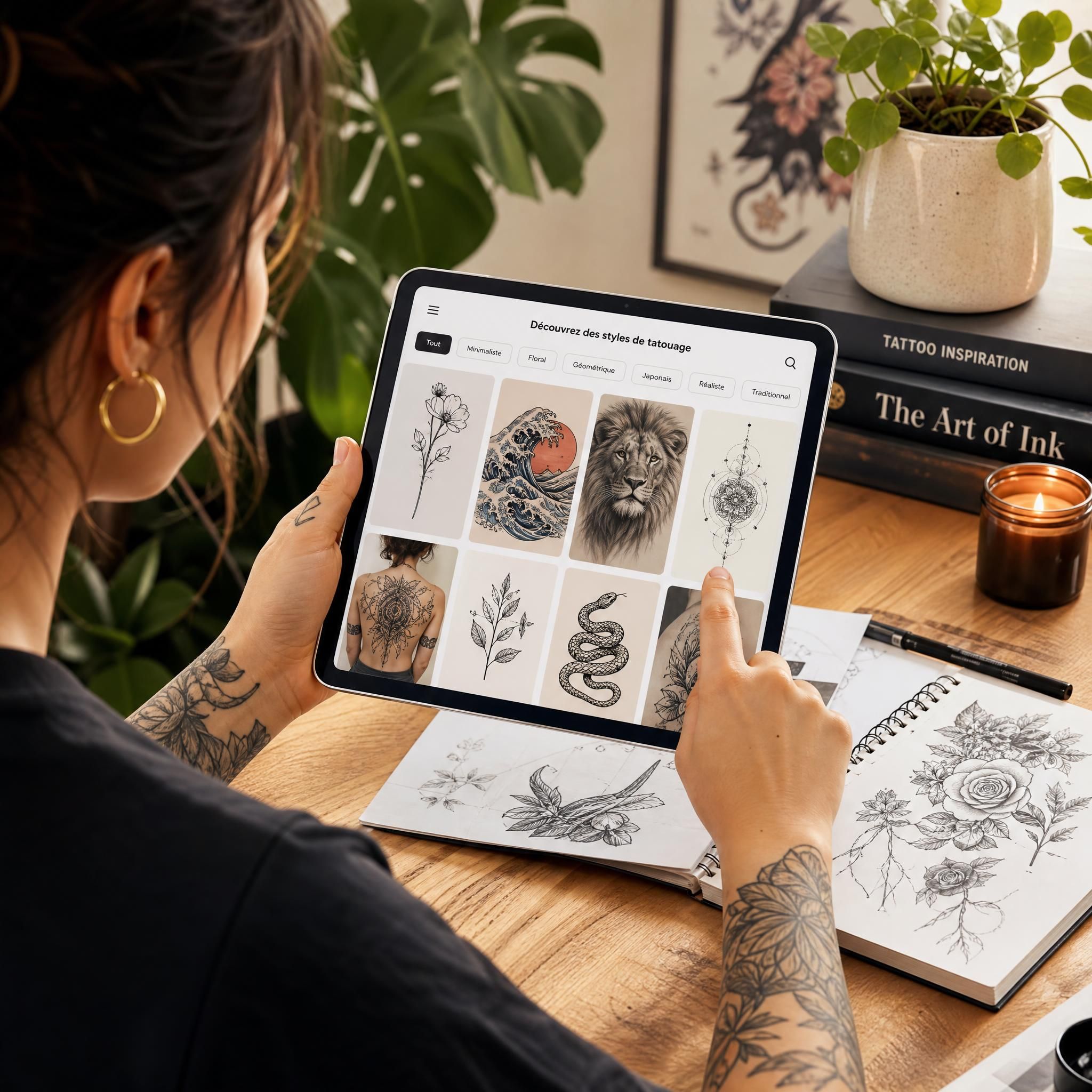 illustration colorée d'une personne utilisant une tablette numérique pour explorer des styles de tatouage, ambiance créative et inspirante
