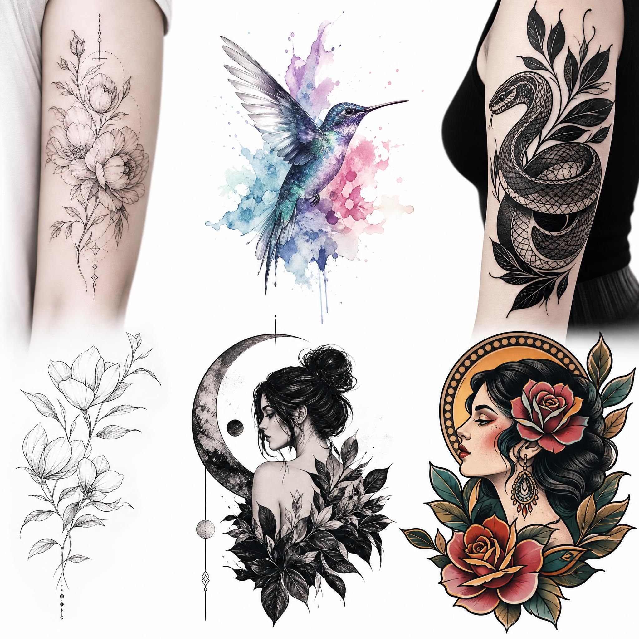 Illustration illustrative montrant une mosaïque de styles de tatouage – fine line floral, aquarelle, blackwork, néo-traditionnel – sur fond blanc épuré, sans texte