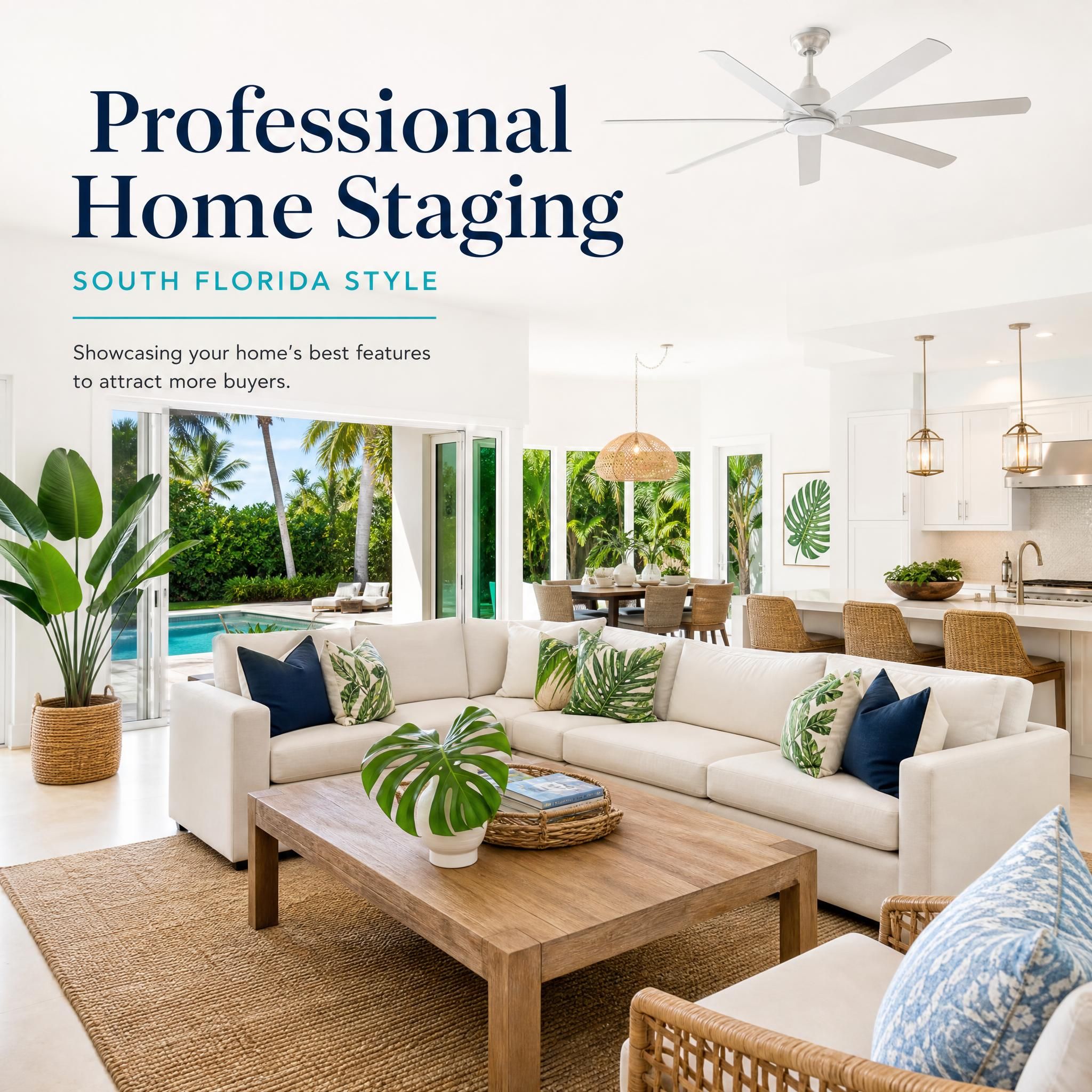Professional home staging example for South Florida property with bright tropical interior design and clean modern aesthetic