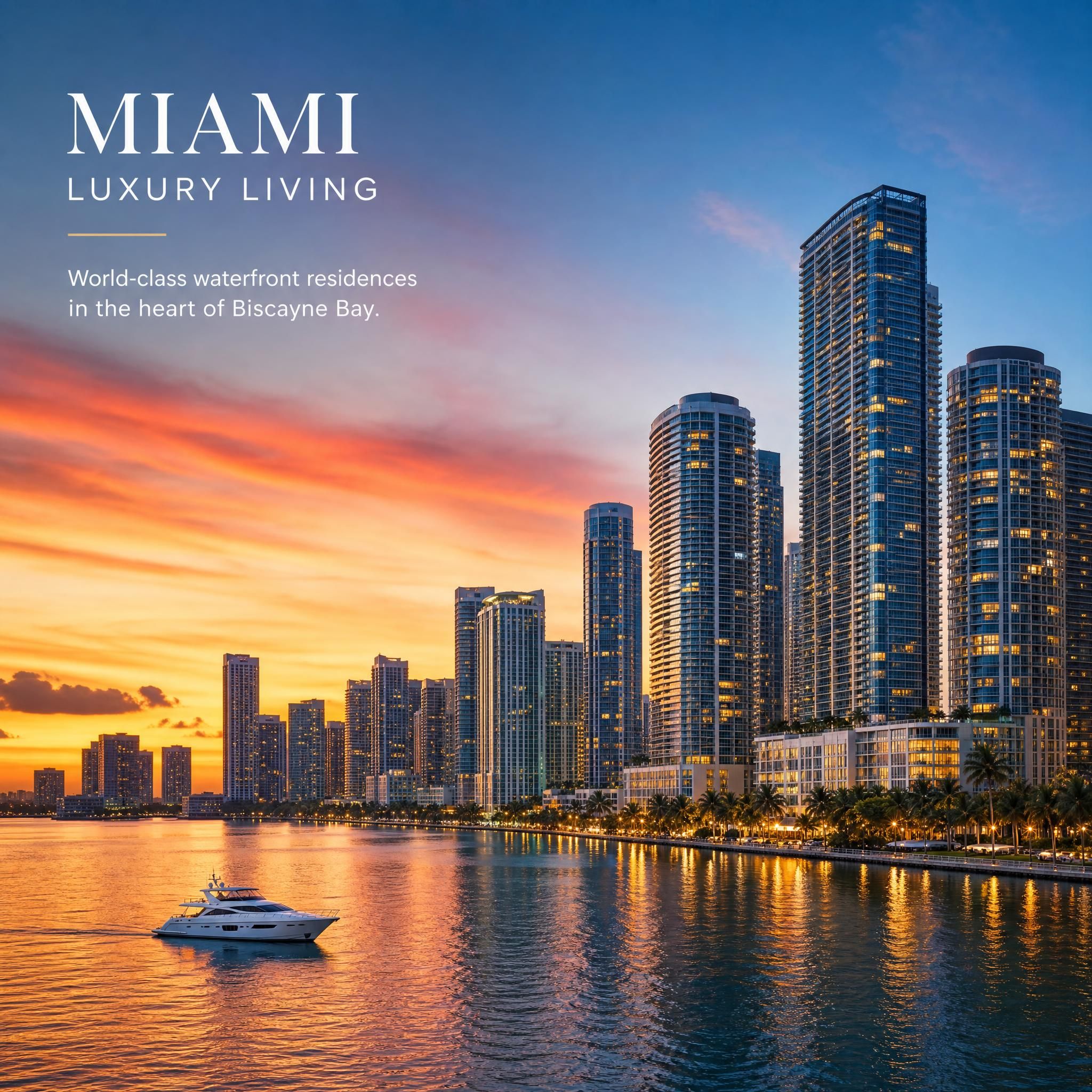 Miami luxury waterfront skyline at sunset with Biscayne Bay reflecting the city lights, showcasing the density of high-end residential towers