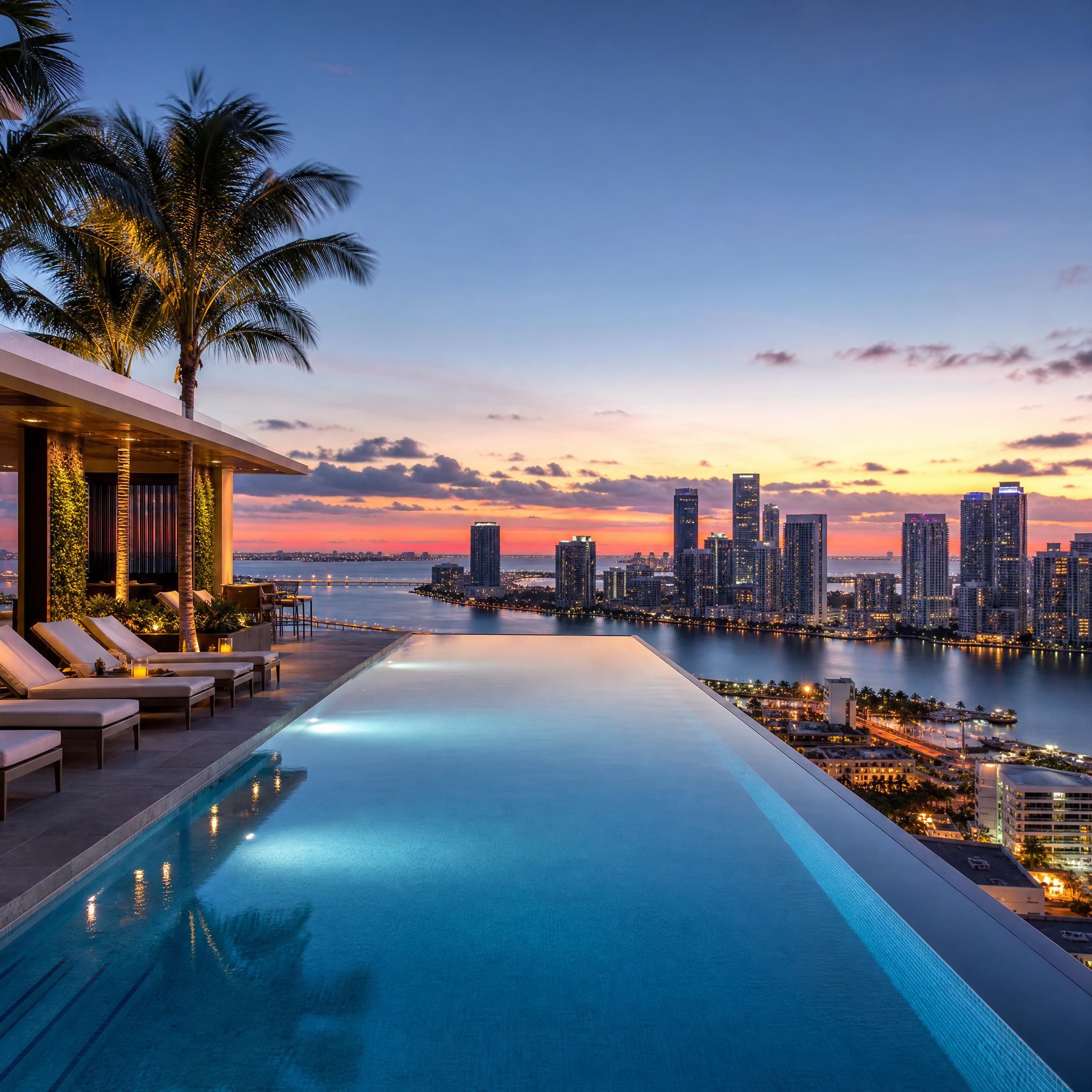 Rooftop infinity pool at a luxury Miami high-rise with panoramic views of the city skyline and Biscayne Bay at dusk