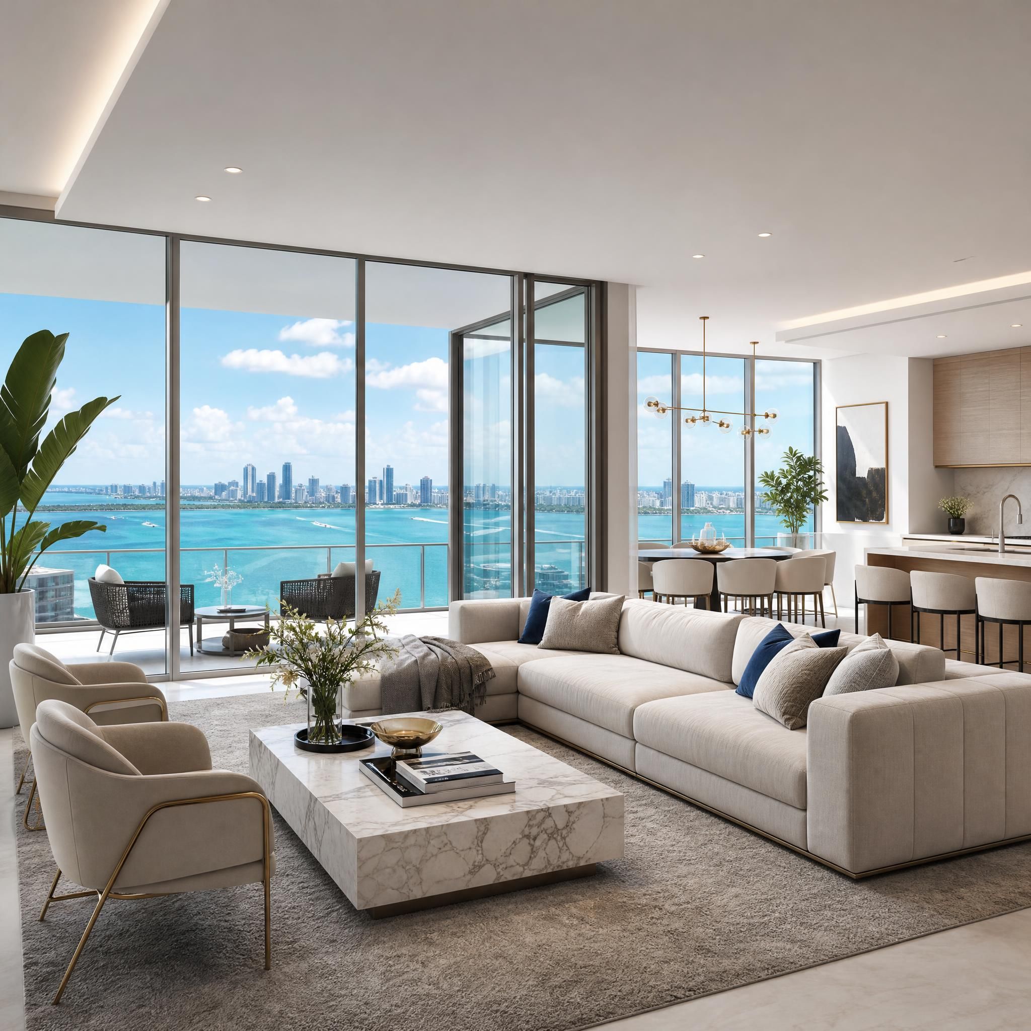 Modern luxury Miami condo interior with floor-to-ceiling windows overlooking Biscayne Bay, featuring open-concept living room with designer furnishings