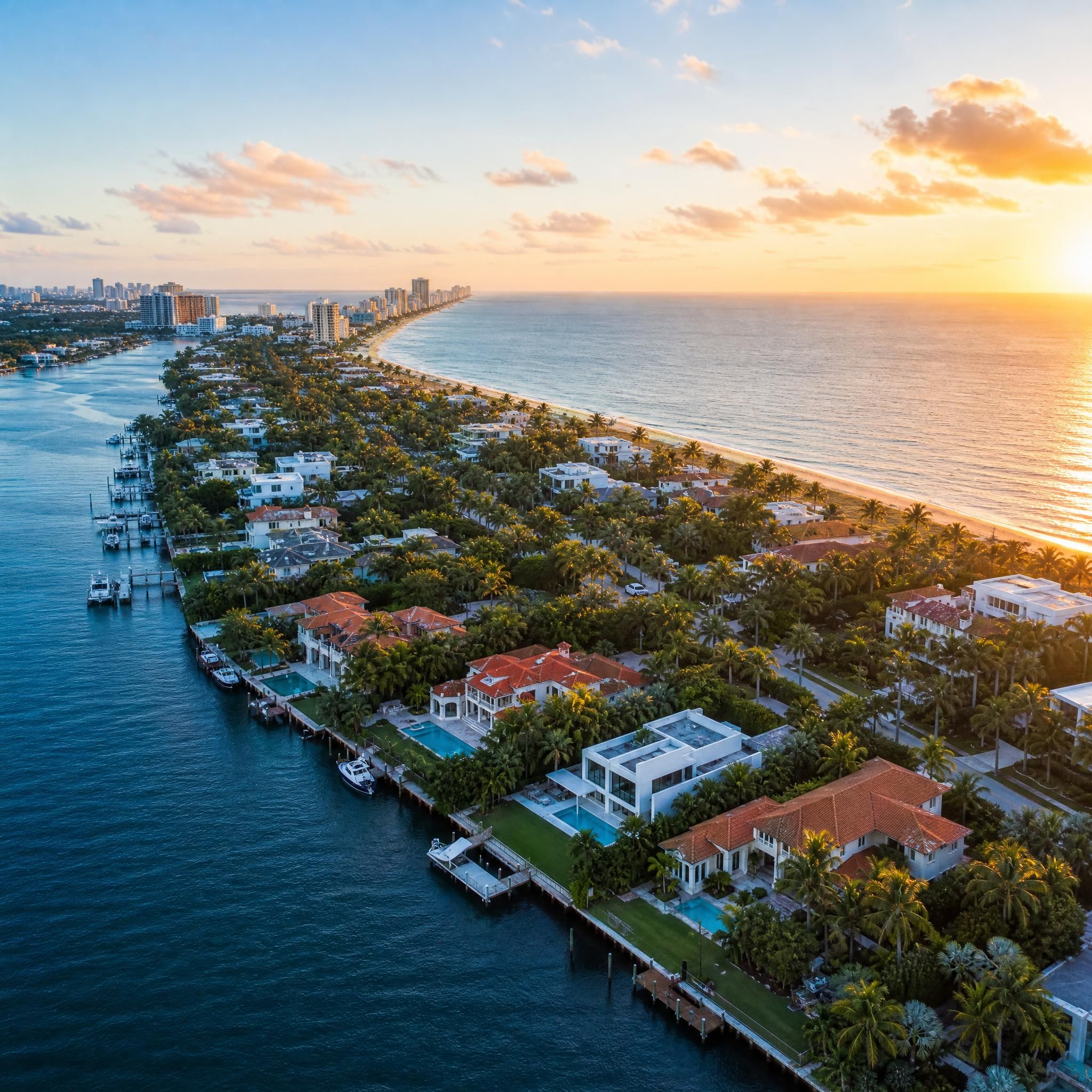 Aerial view of luxury waterfront homes along the Miami-Dade and Broward County coastline at golden hour, South Florida real estate
