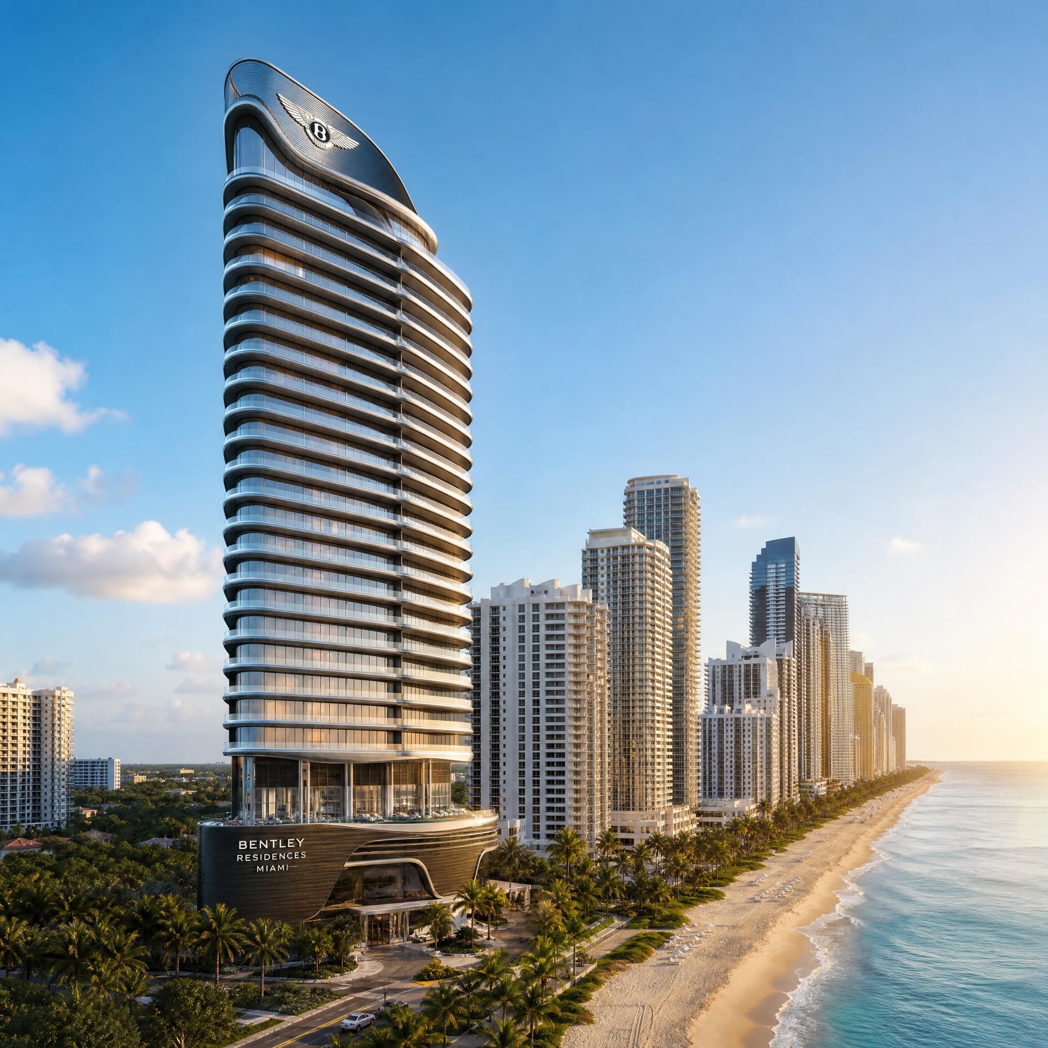 Rendering of Bentley Residences Miami tower in Sunny Isles Beach, the world's first Bentley-branded luxury residential skyscraper rising along the Atlantic coastline