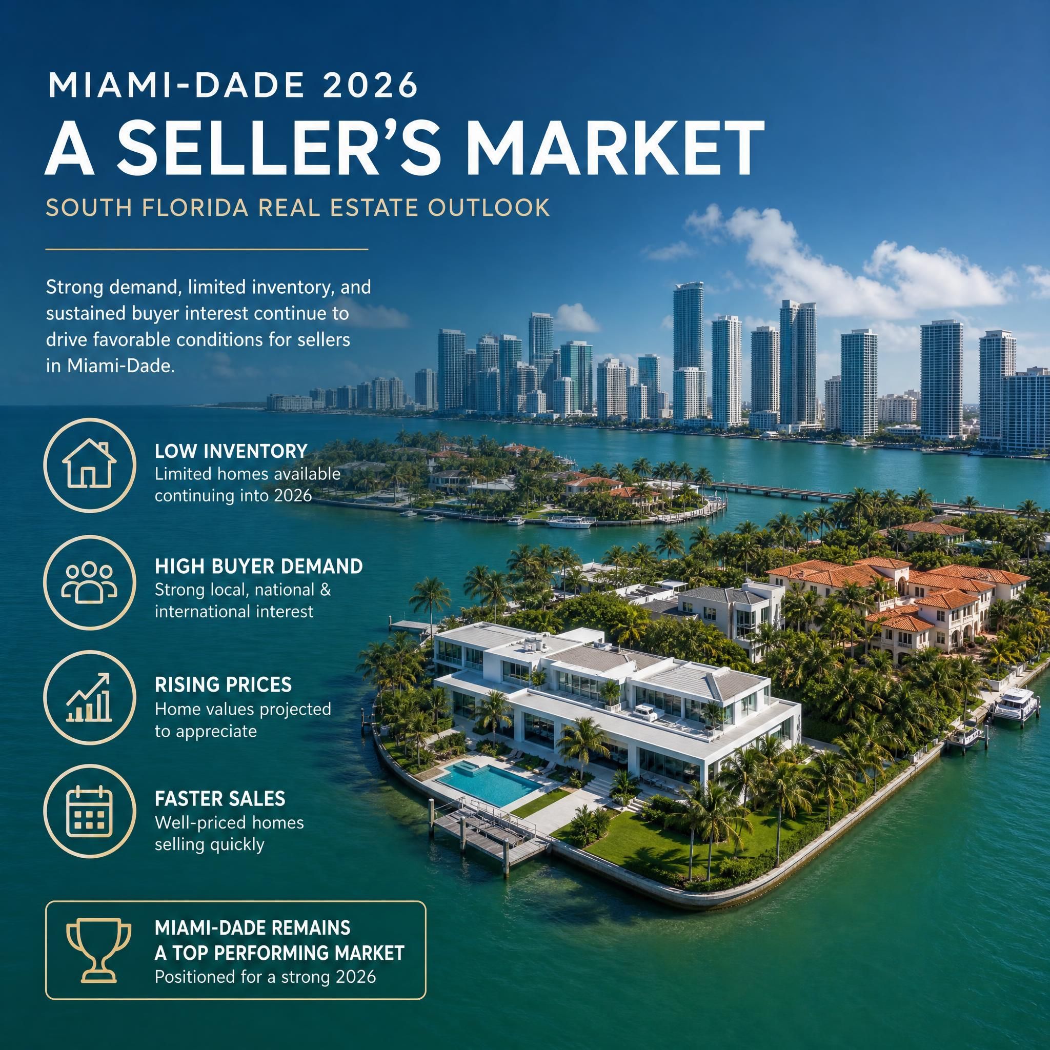 Aerial view of Miami-Dade luxury waterfront properties and skyline reflecting 2026 seller's market conditions in South Florida