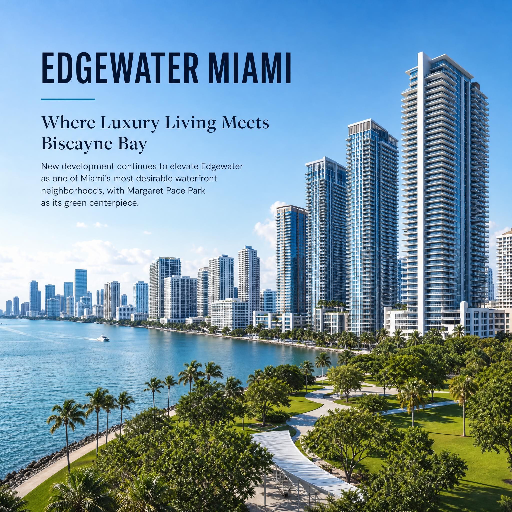Edgewater Miami waterfront neighborhood panorama showing new luxury condo towers rising along Biscayne Bay with Margaret Pace Park in the foreground