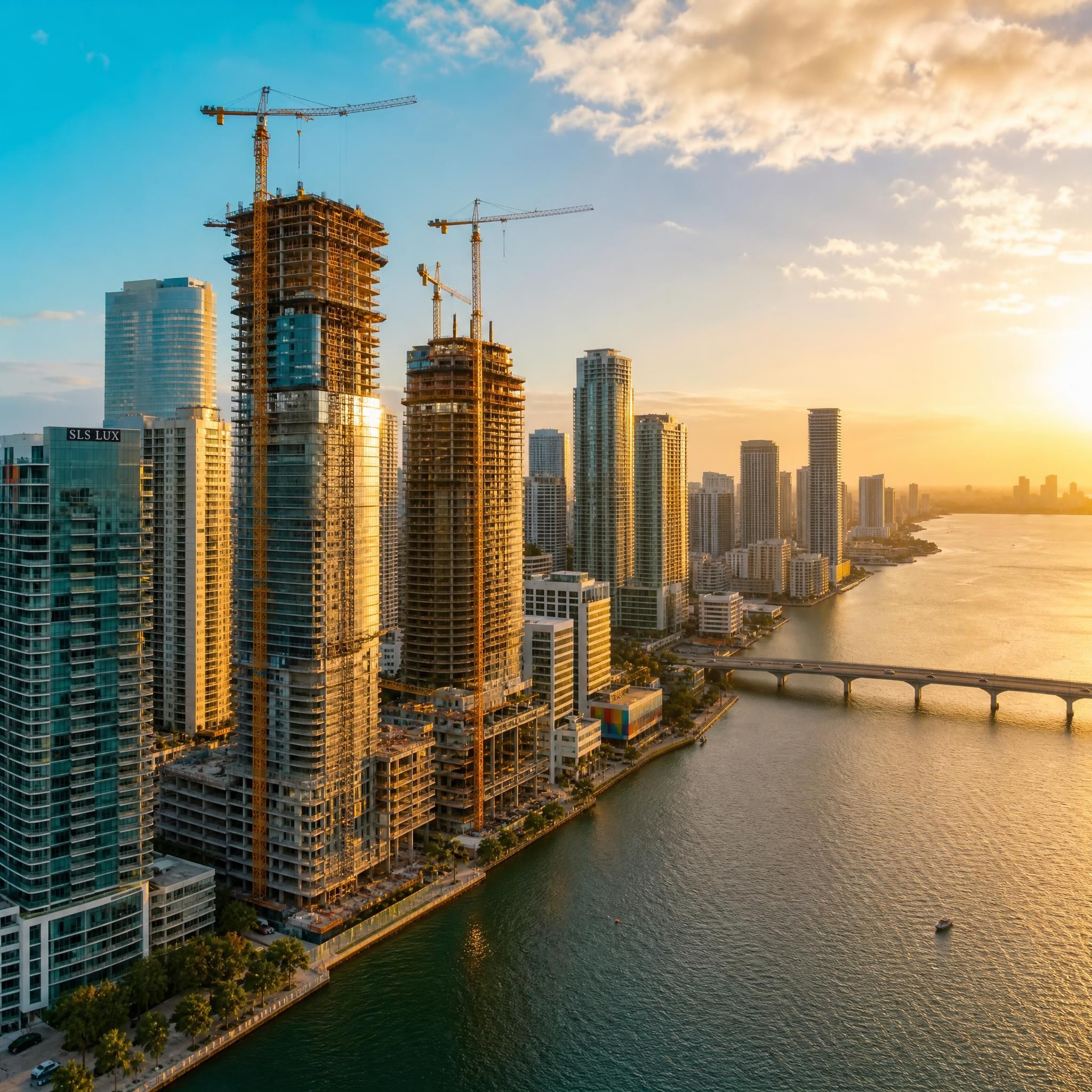 Aerial drone view of Miami's Brickell skyline with luxury high-rise towers under construction along Biscayne Bay at golden hour