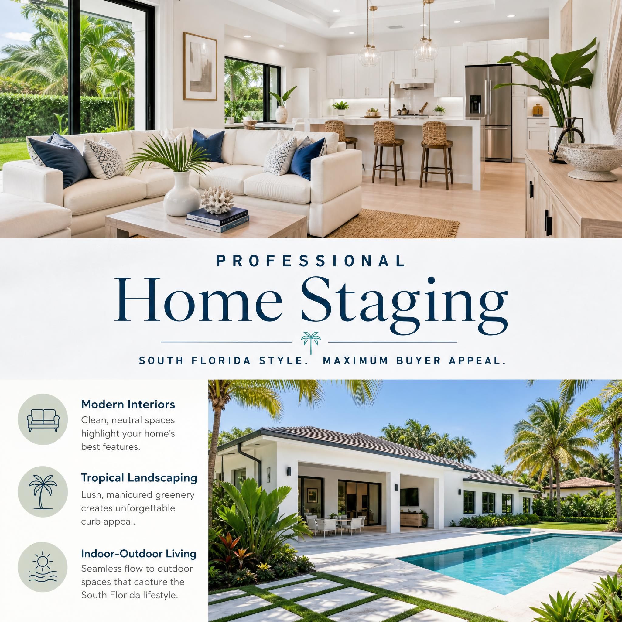 Professional home staging example for a South Florida property showing modern interior design and tropical landscaping for maximum buyer appeal