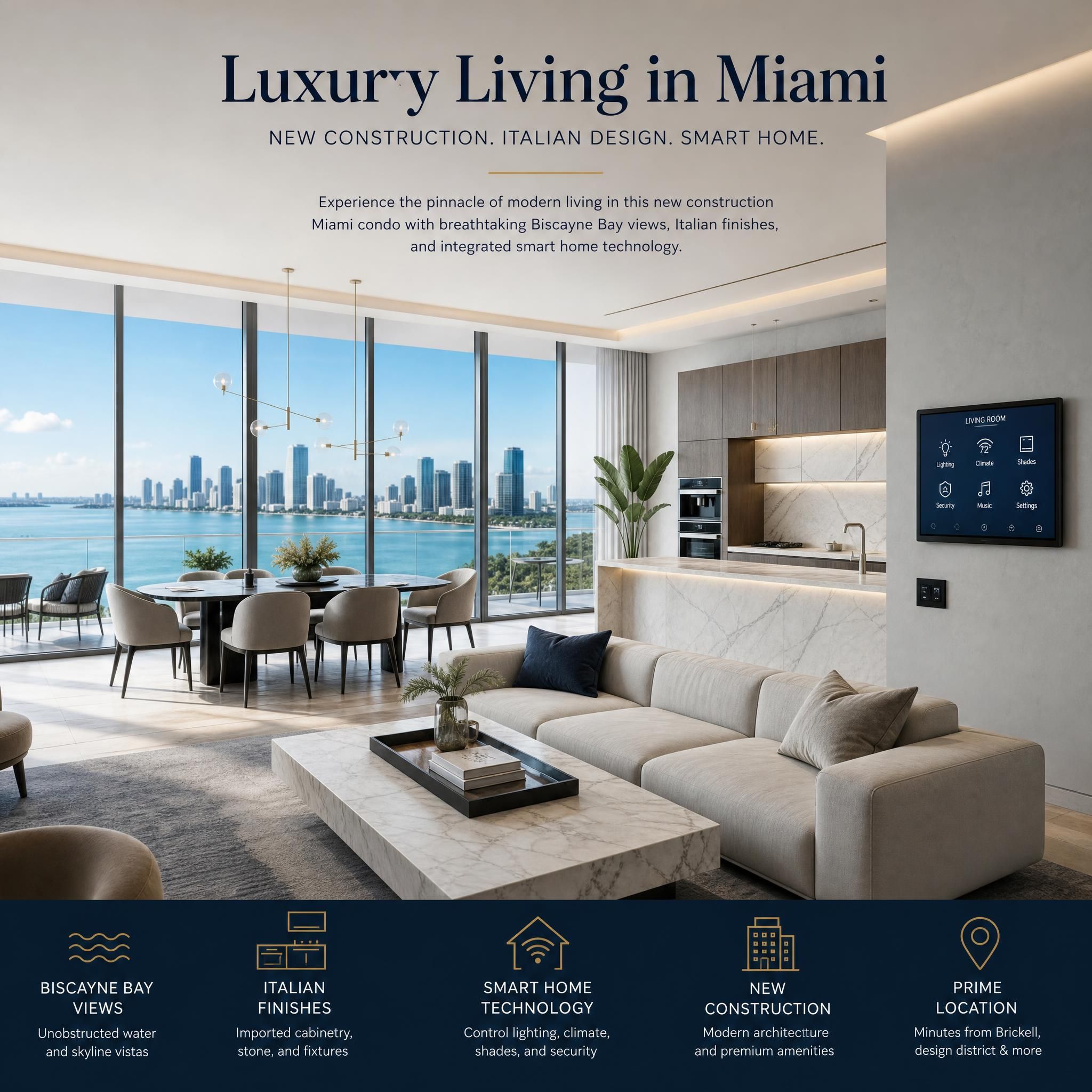 Luxury new construction condo interior in Miami featuring floor-to-ceiling windows with Biscayne Bay views, open-plan living space with Italian finishes and smart home technology