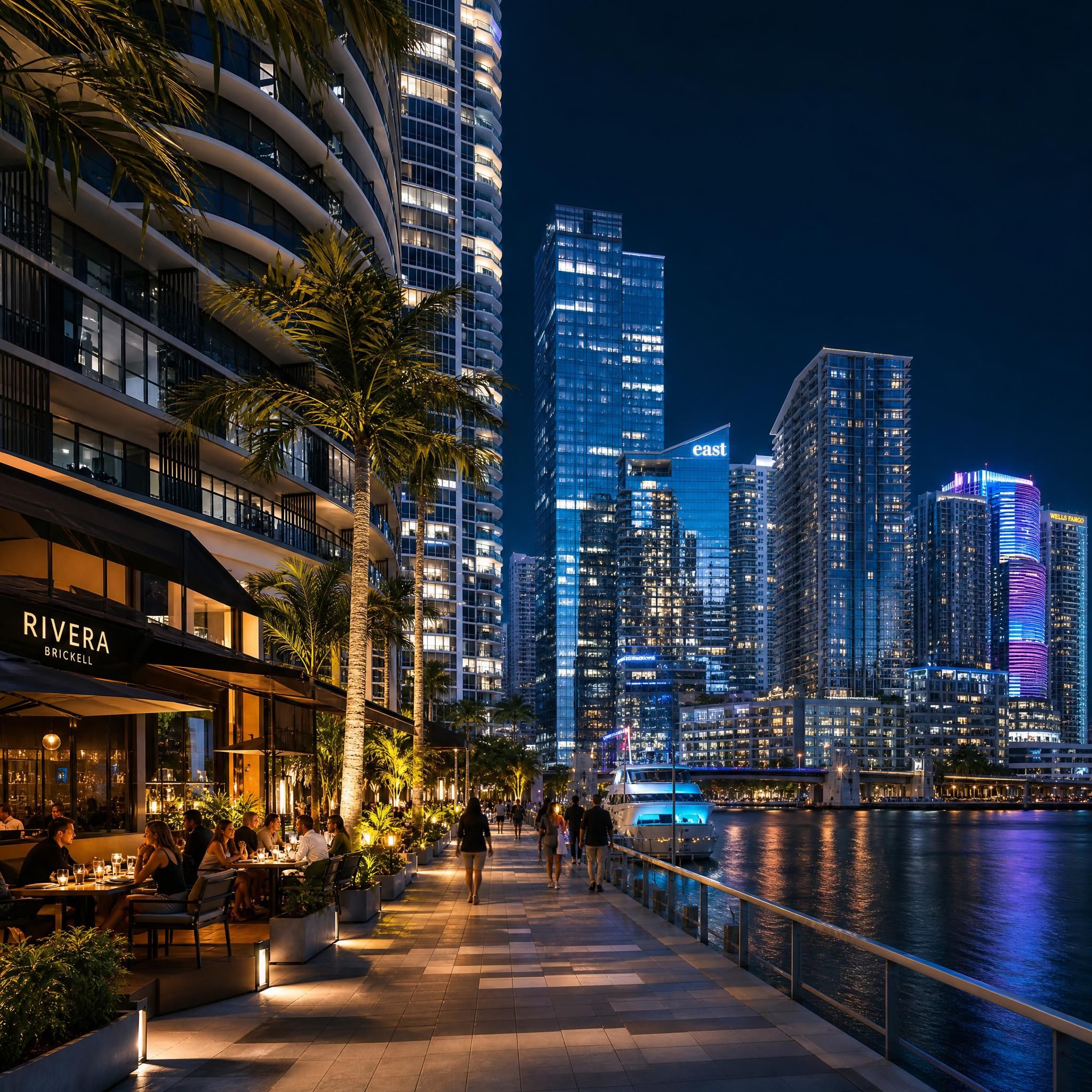 Luxury Brickell streetscape at night with illuminated glass towers, upscale restaurants, and waterfront promenade showing Miami's urban sophistication