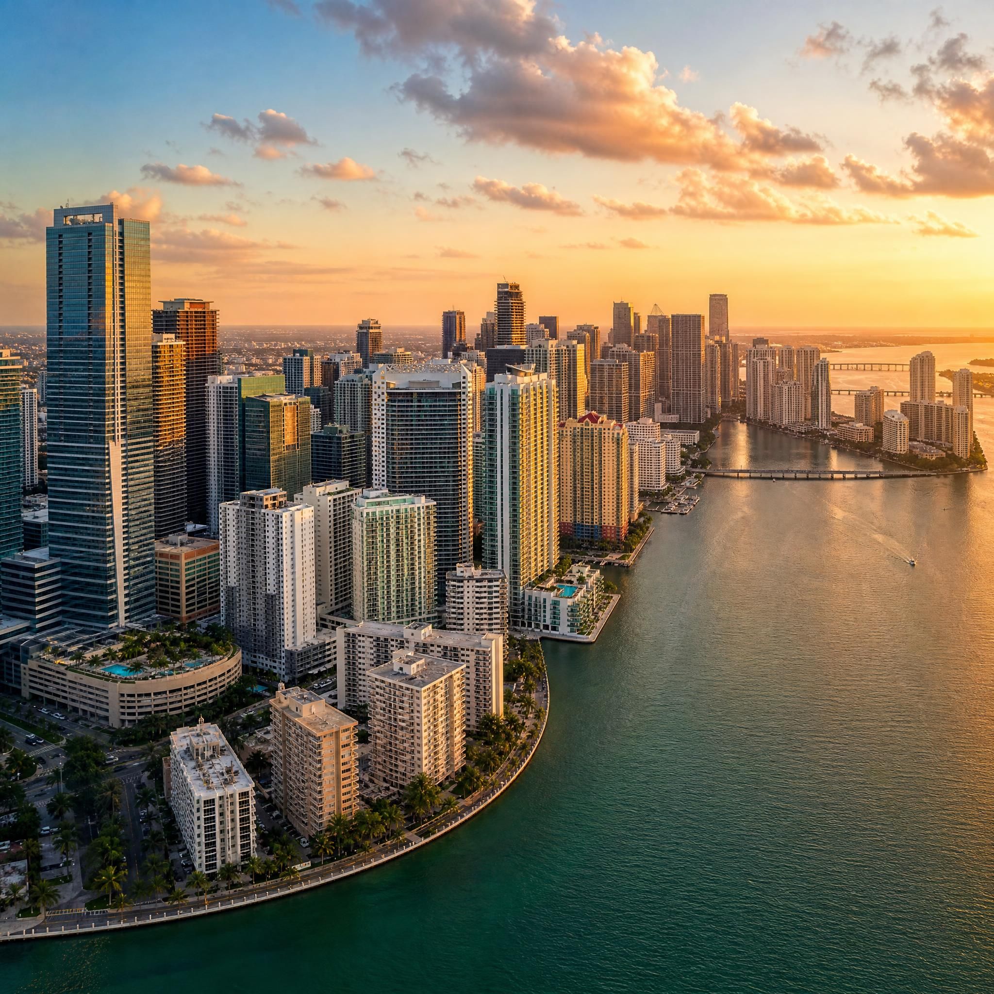 Aerial drone view of Miami luxury high-rise towers along Biscayne Bay at golden hour, showcasing Brickell and Edgewater skylines
