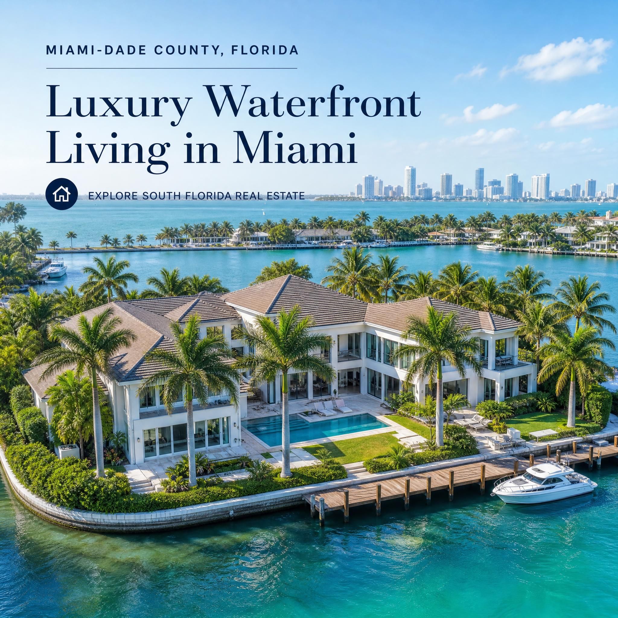 Aerial view of a luxury waterfront home for sale in Miami-Dade County with palm trees and blue water, South Florida real estate