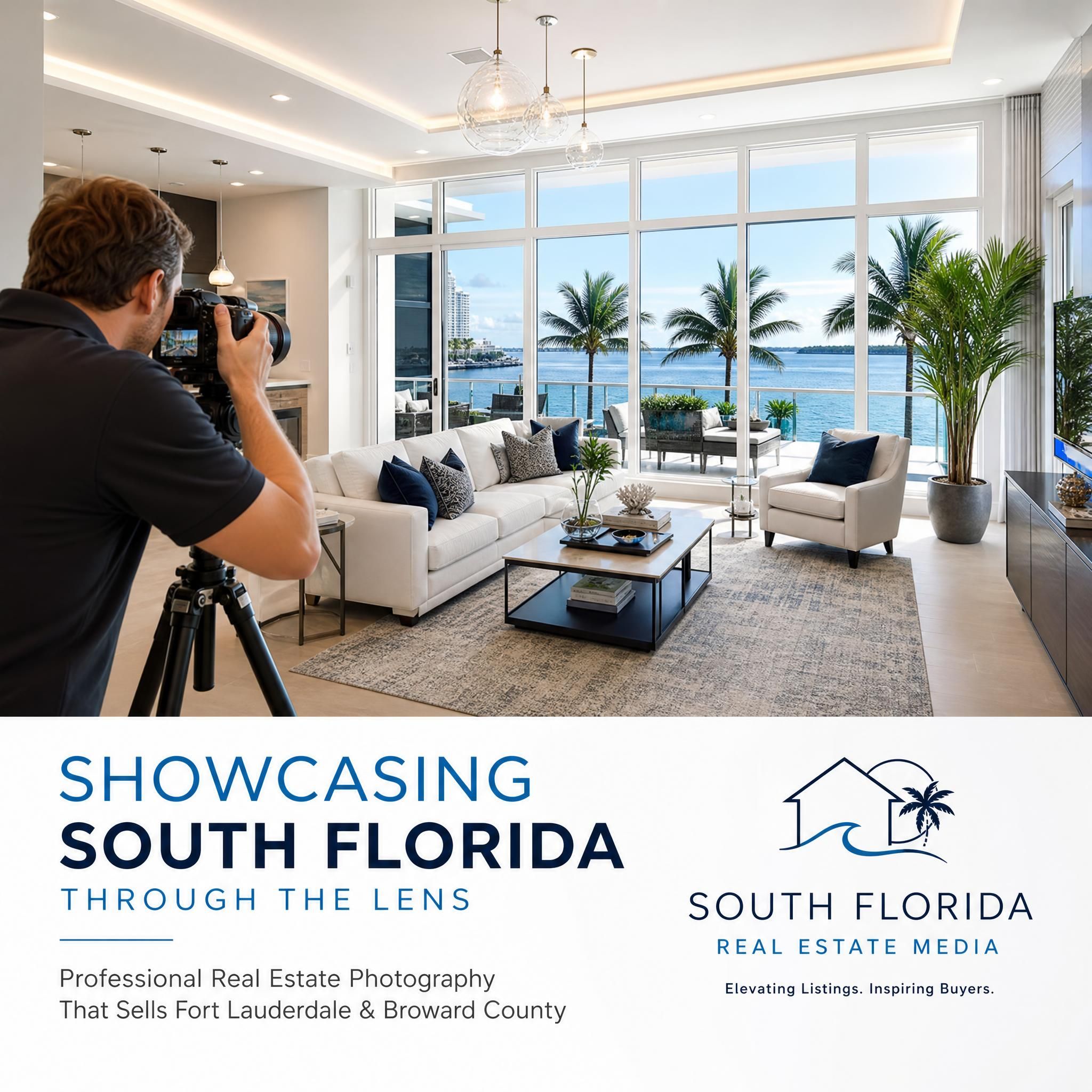Professional real estate photographer capturing a staged South Florida home interior with ocean view, Fort Lauderdale Broward County property marketing