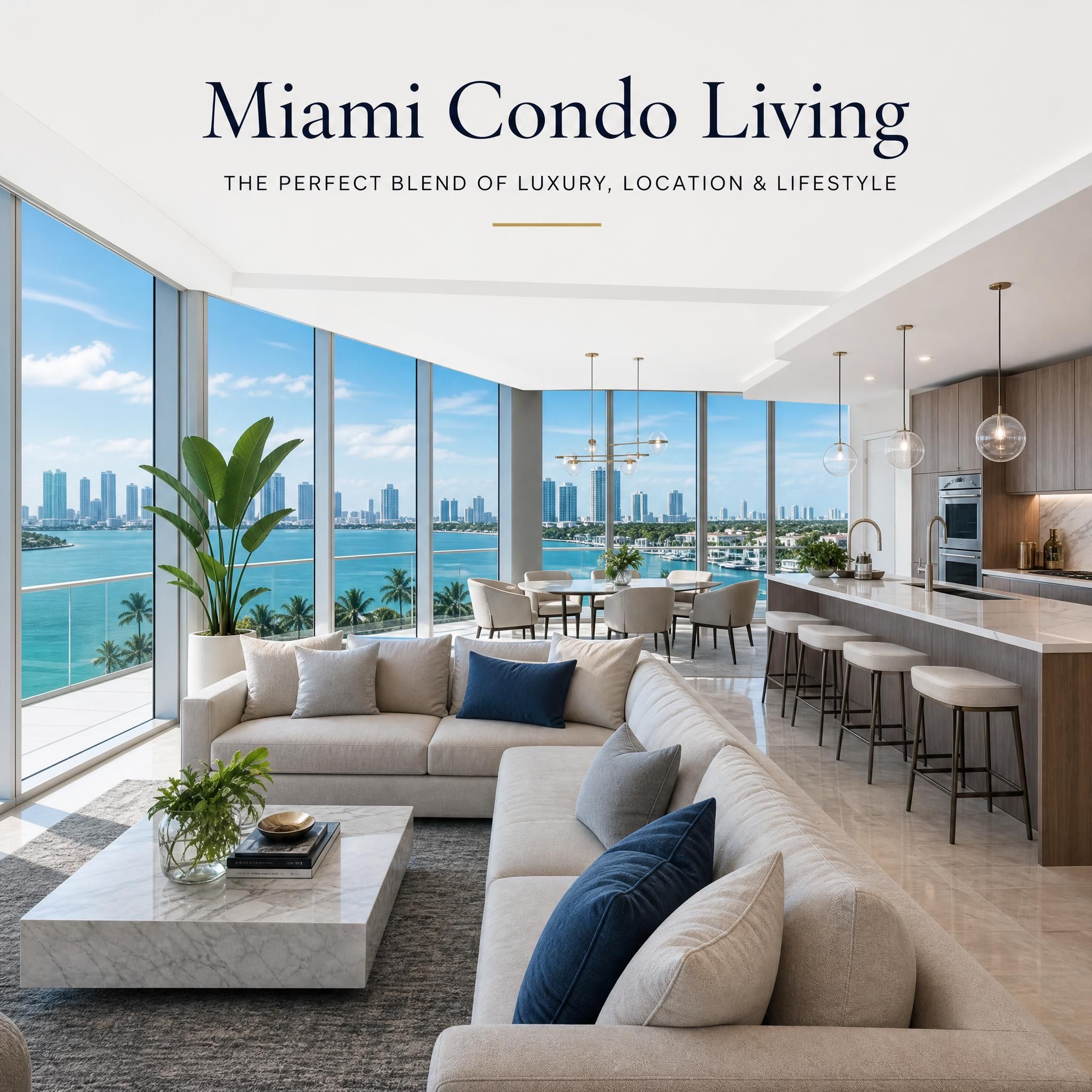 Modern luxury condo interior in Miami with floor-to-ceiling windows, open-concept living space, and panoramic ocean views
