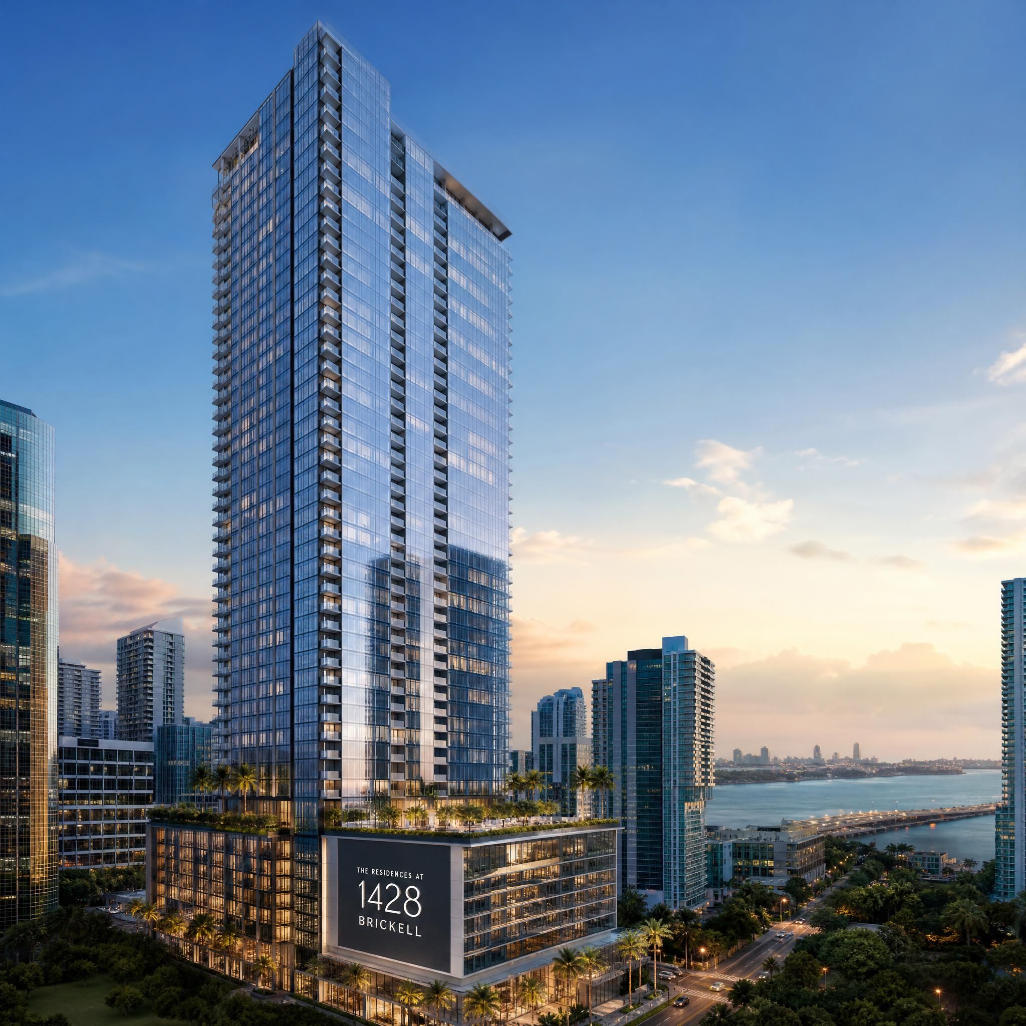 The Residences at 1428 Brickell luxury condo tower rising in Miami's Brickell Financial District with floor-to-ceiling glass facade