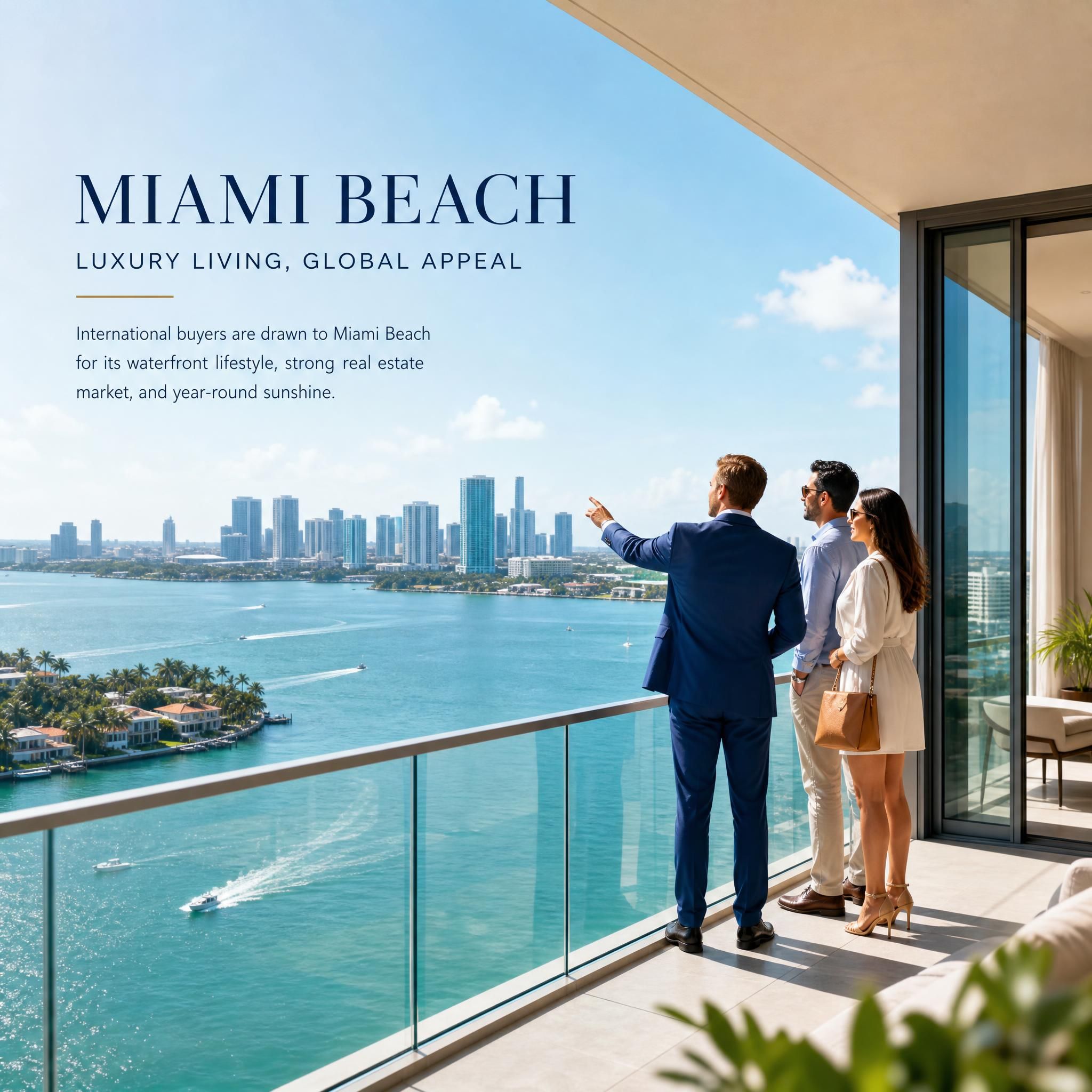 Miami Beach waterfront luxury condos with international buyers viewing Biscayne Bay from a high-rise residence balcony