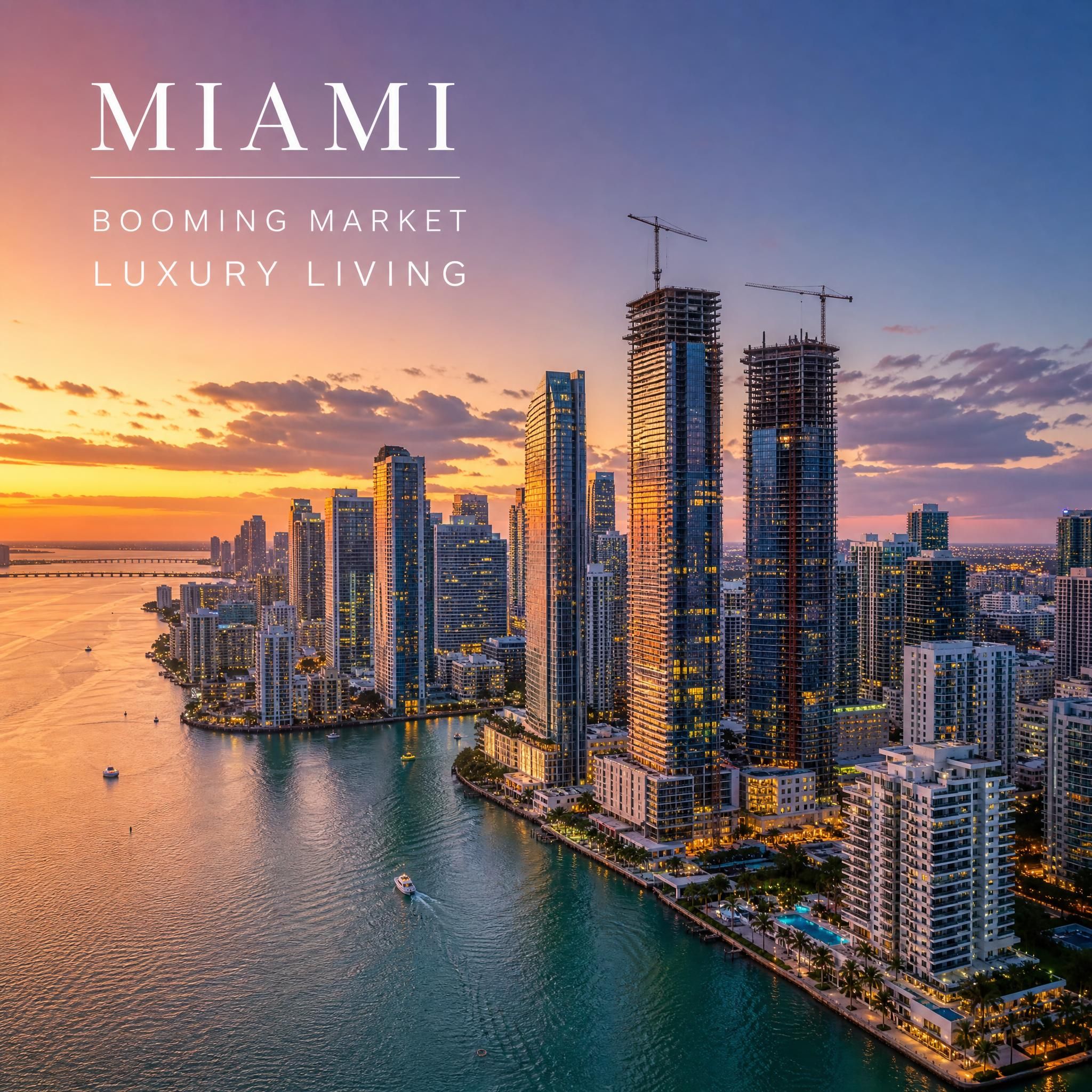 Aerial drone view of Miami's luxury skyline at sunset with Biscayne Bay waterfront and new construction towers rising above the city