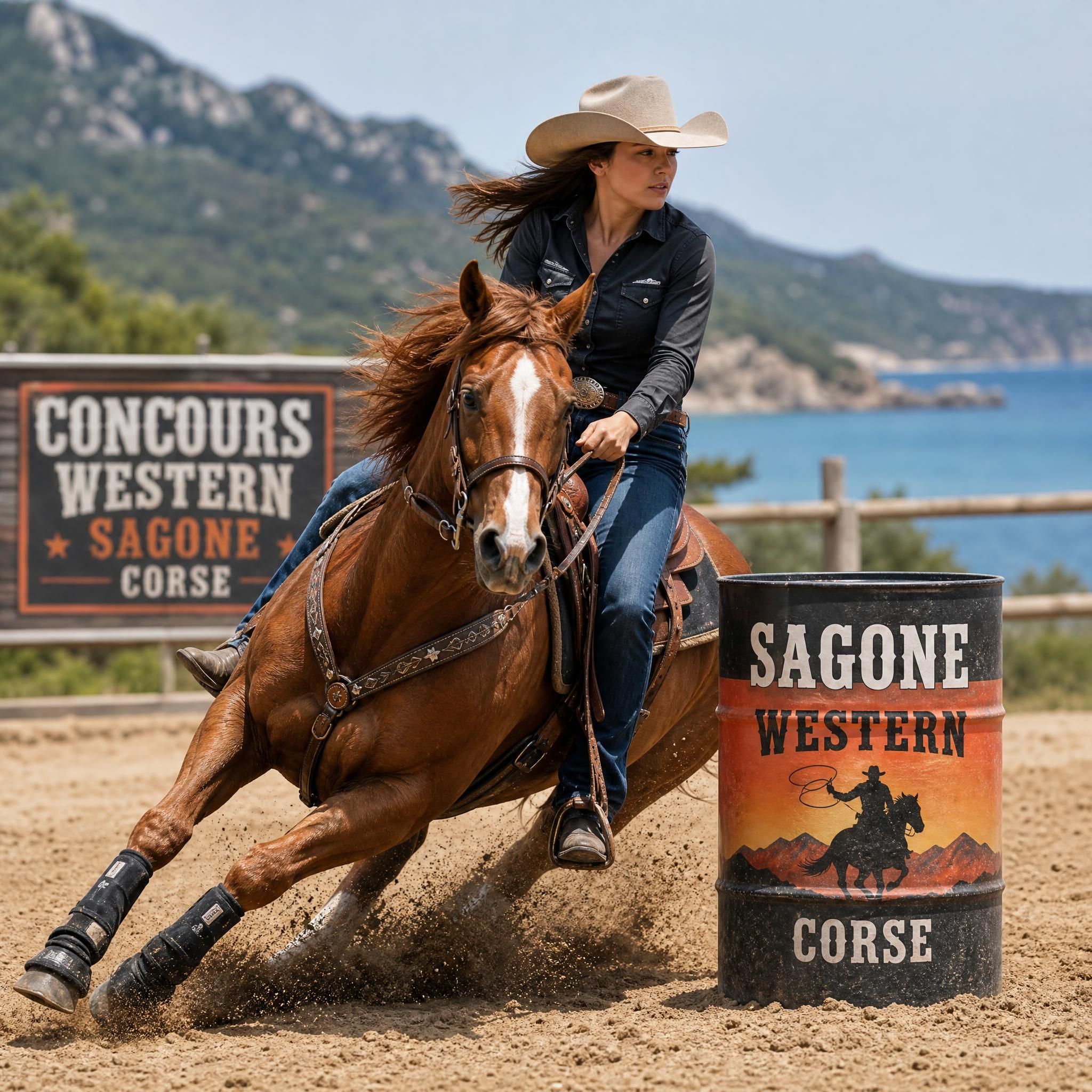 Cavalier en action lors d'une épreuve de reining ou barrel racing au concours western de Sagone, Corse