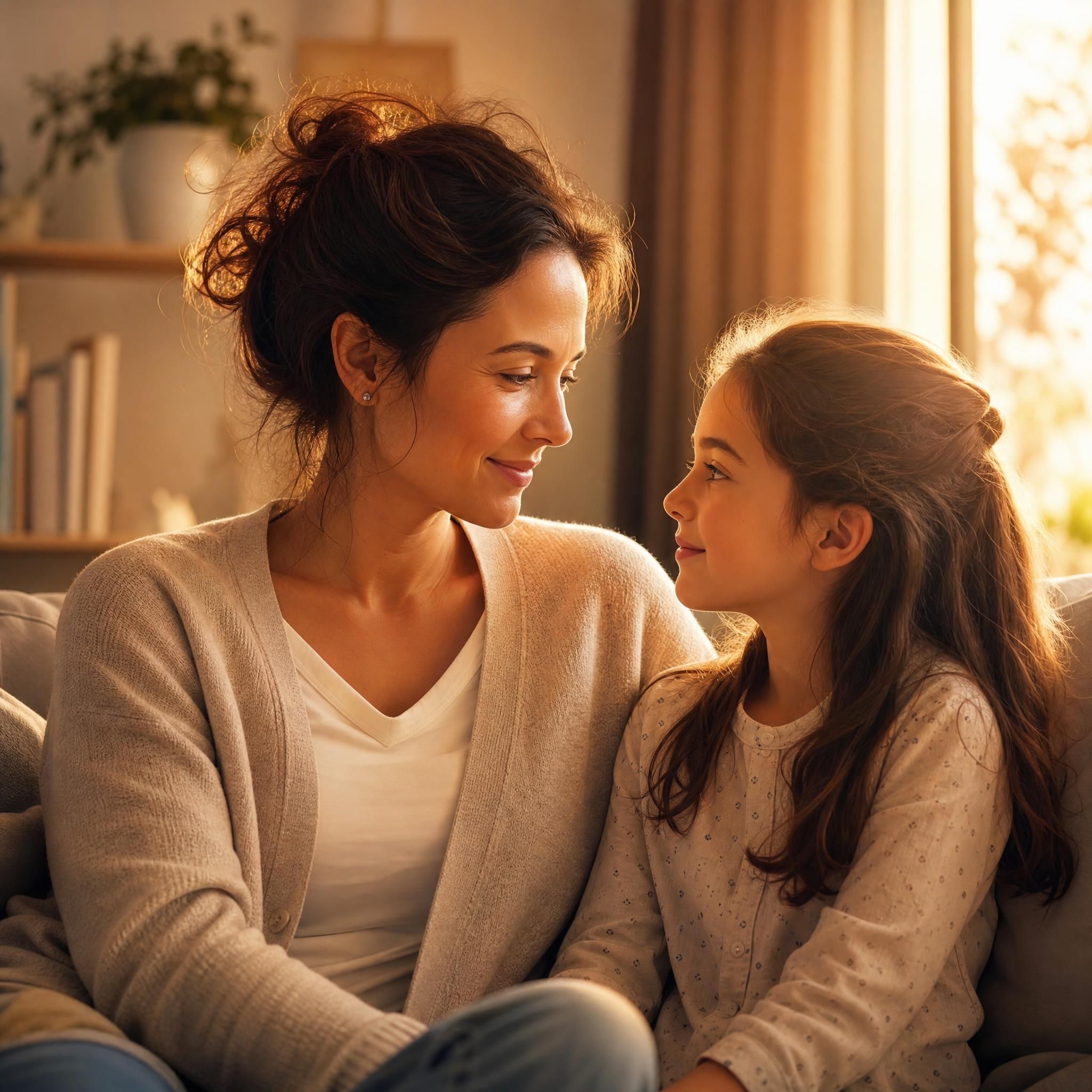 Mère fille commençant à se regarder avec douceur, un léger sourire naissant, lumière chaude orangée.