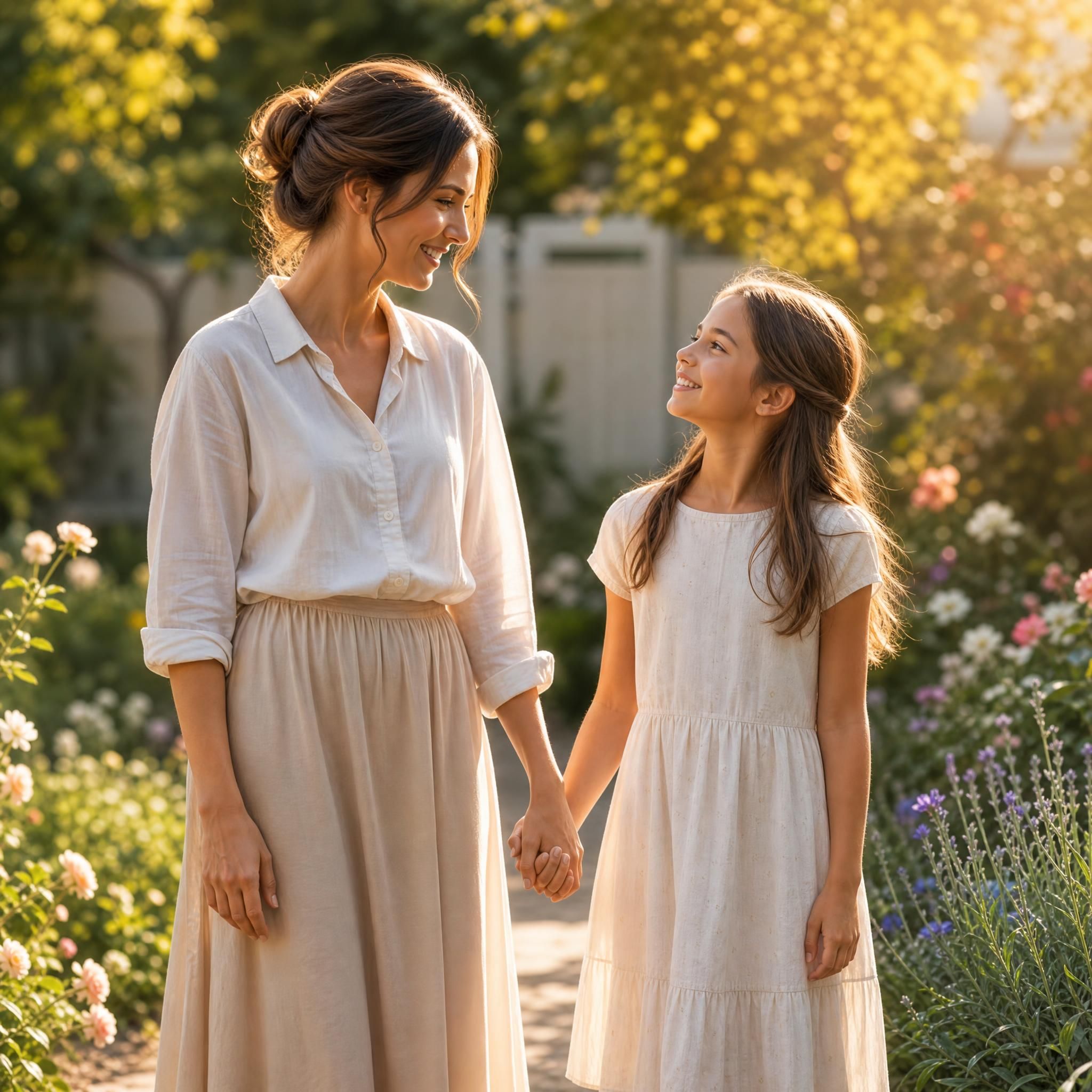 Tensions énergétiques mère et fille qui commencent à s'apaiser, qui se tiennent la main, souriant, dans un jardin ensoleillé, lumière dorée, atmosphère de réconciliation et de paix, sur les tensions mère fille énergétique.