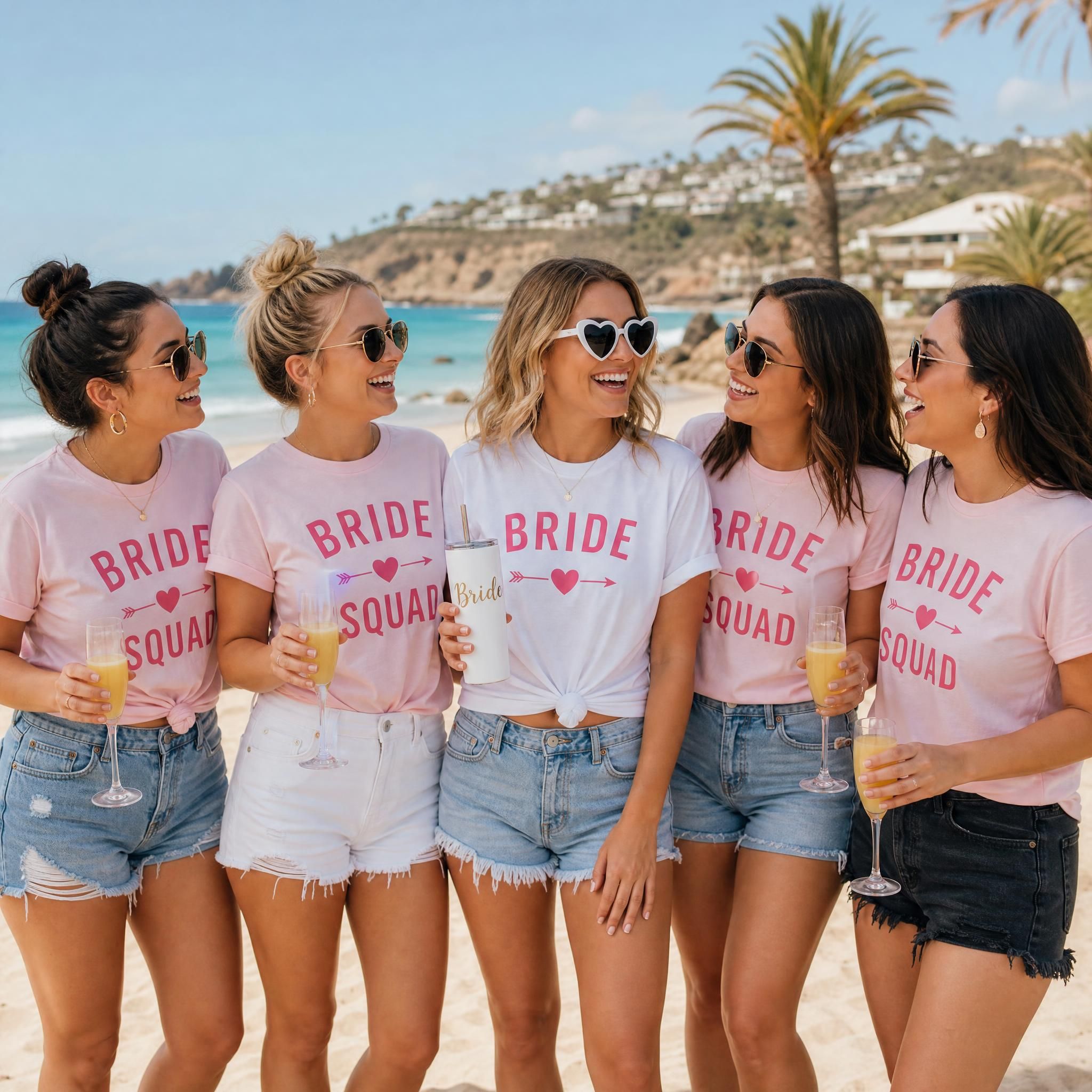 Group of bridesmaids wearing matching bachelorette party shirts at a beach destination, smiling and holding drinks