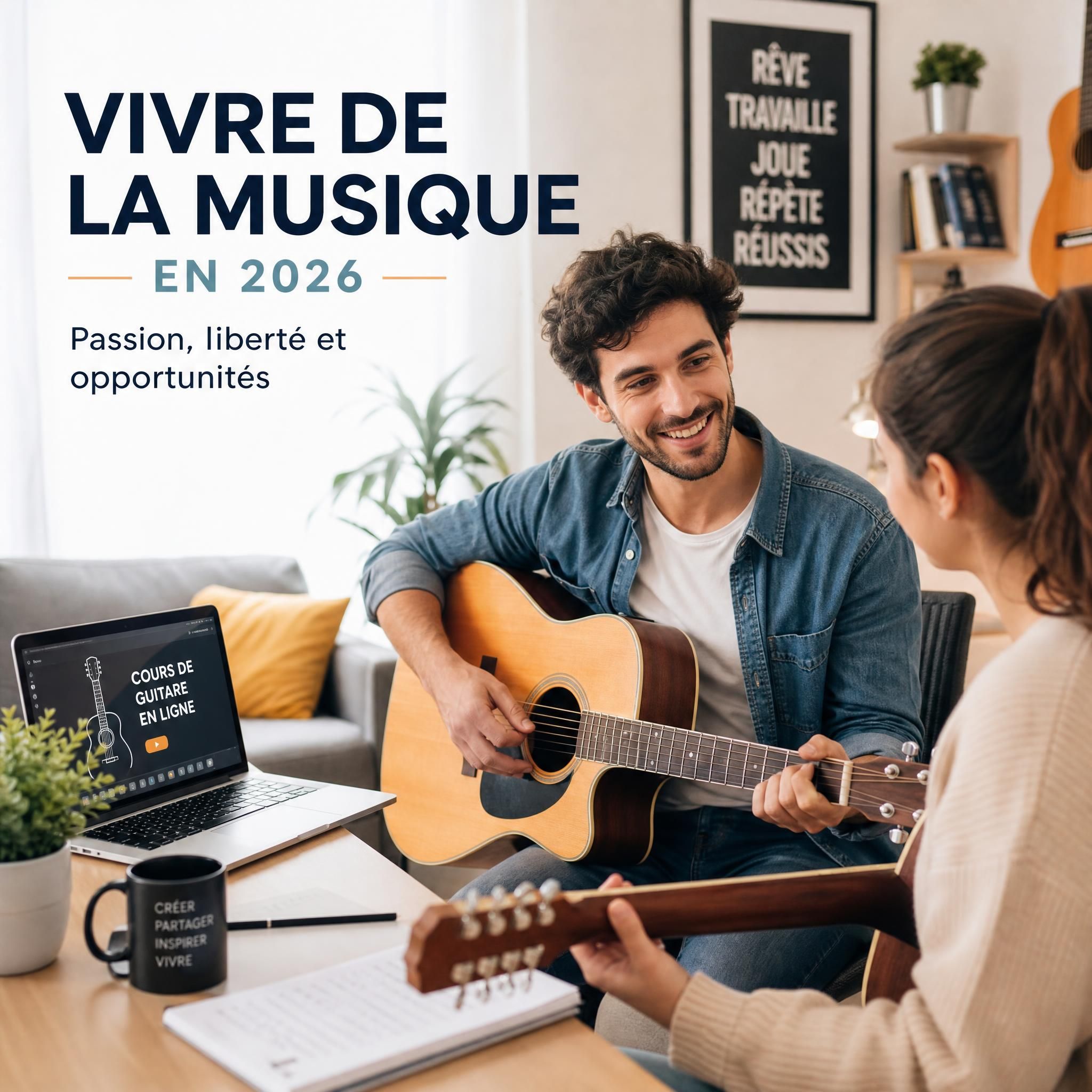 Musicien et professeur de musique heureux donnant un cours de guitare à domicile, illustrant comment vivre de la musique en 2026