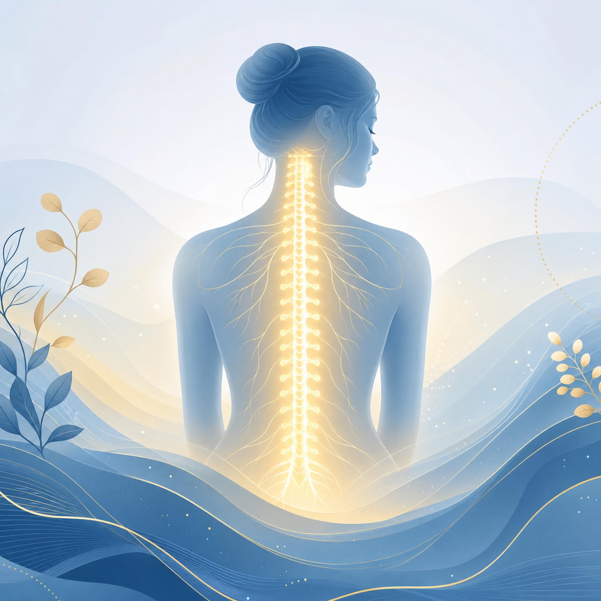 Illustration douce d'un système nerveux apaisé représenté par une colonne vertébrale lumineuse et des ondulations douces, ambiance bleue et dorée, style graphique minimaliste et apaisant