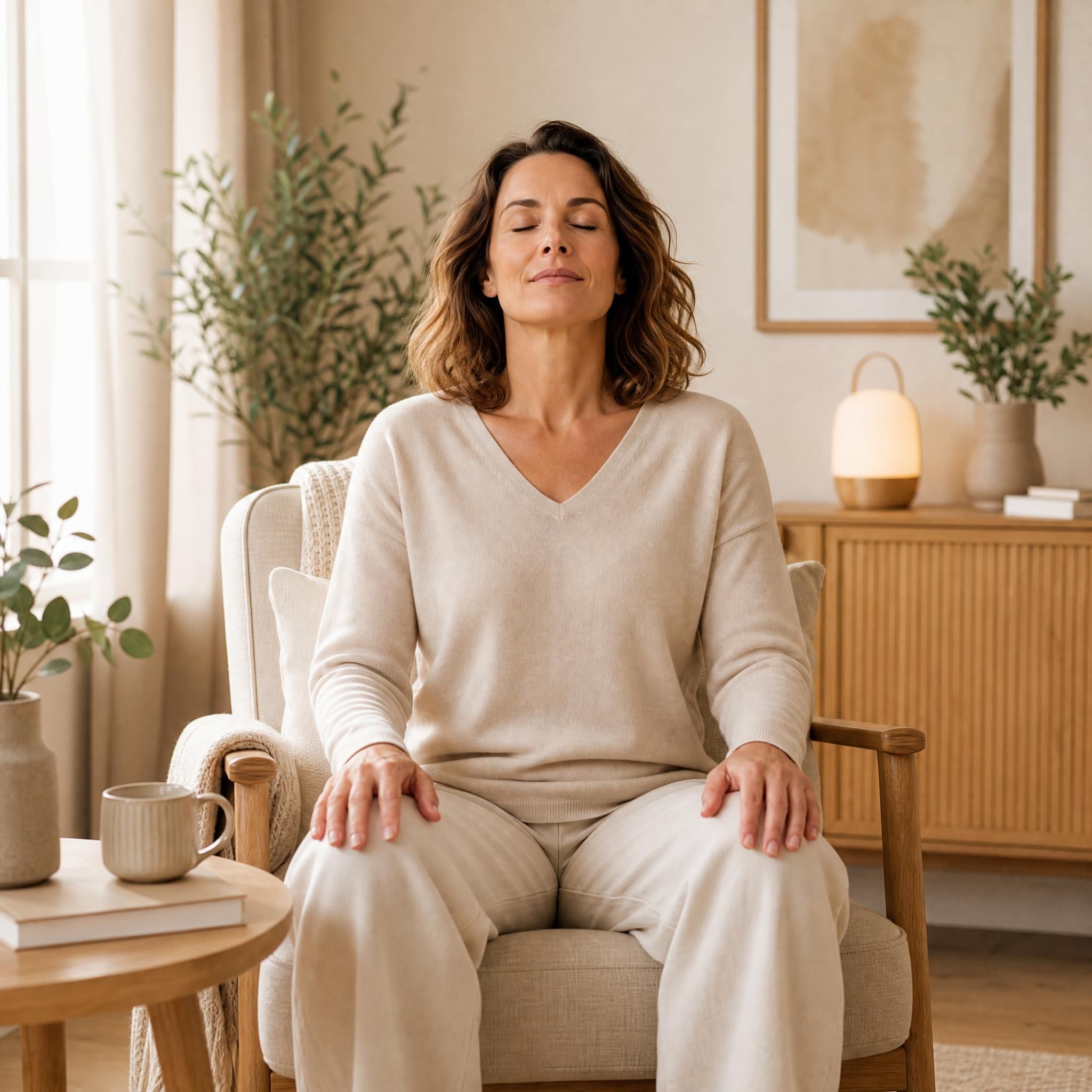 Femme d'environ 40 ans, yeux fermés, visage serein, assise confortablement dans un fauteuil lumineux, les mains posées sur les genoux, pratiquant un exercice de respiration profonde dans un espace chaleureux aux tons beige et bois clair
