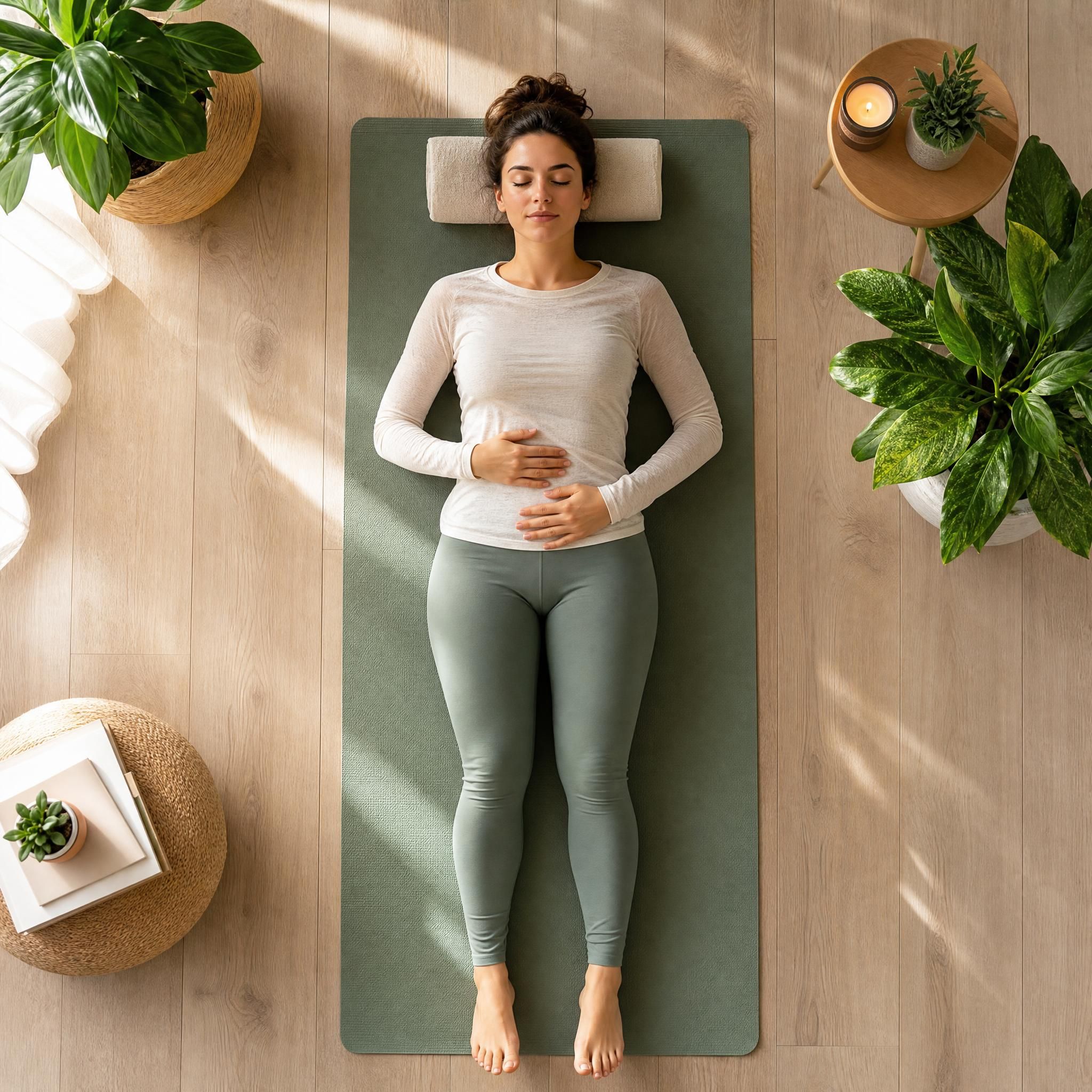Vue de dessus d'une femme allongée sur un tapis de yoga, les mains posées sur le ventre, dans une pièce lumineuse et apaisante, illustrant la pratique du scan corporel