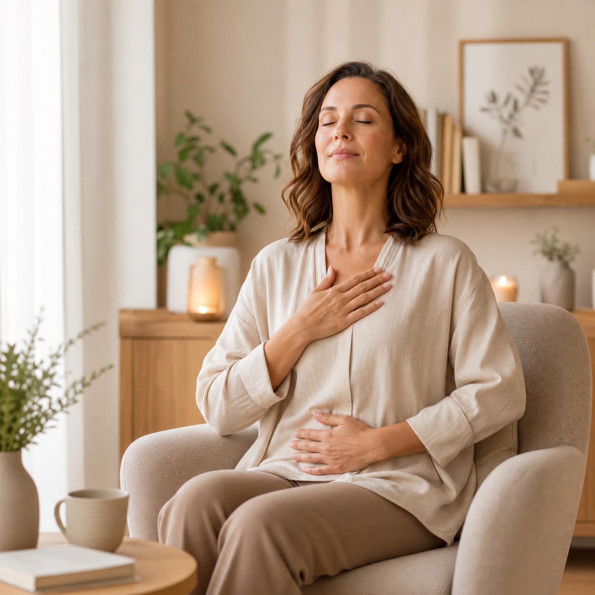 Femme d'environ 40 ans assise dans un fauteuil confortable, yeux fermés, visage serein, pratiquant un exercice de respiration profonde dans un intérieur chaleureux aux tons beiges et bois clairs