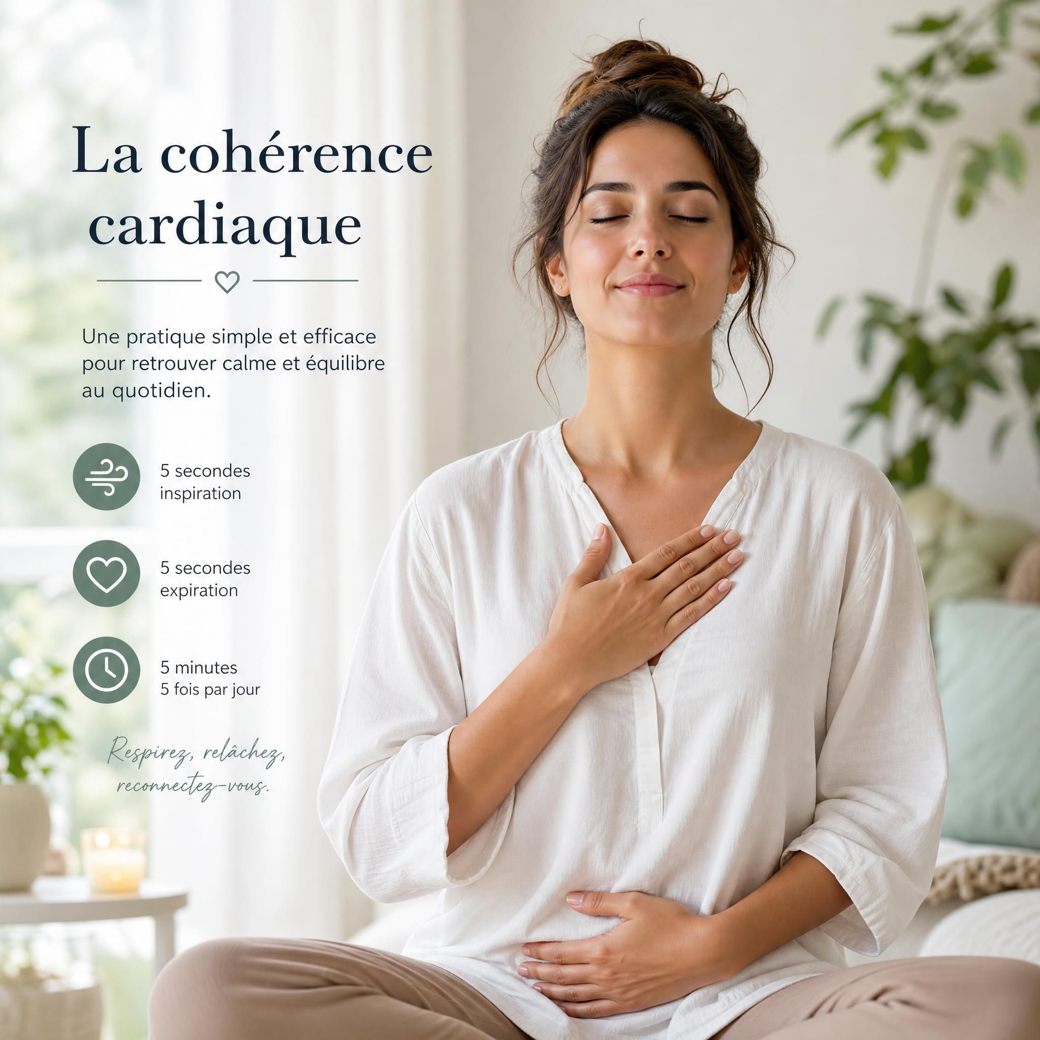 Illustration apaisante d'une femme pratiquant la respiration en cohérence cardiaque, main posée sur le cœur, lumière naturelle douce, ambiance sérénité et bien-être