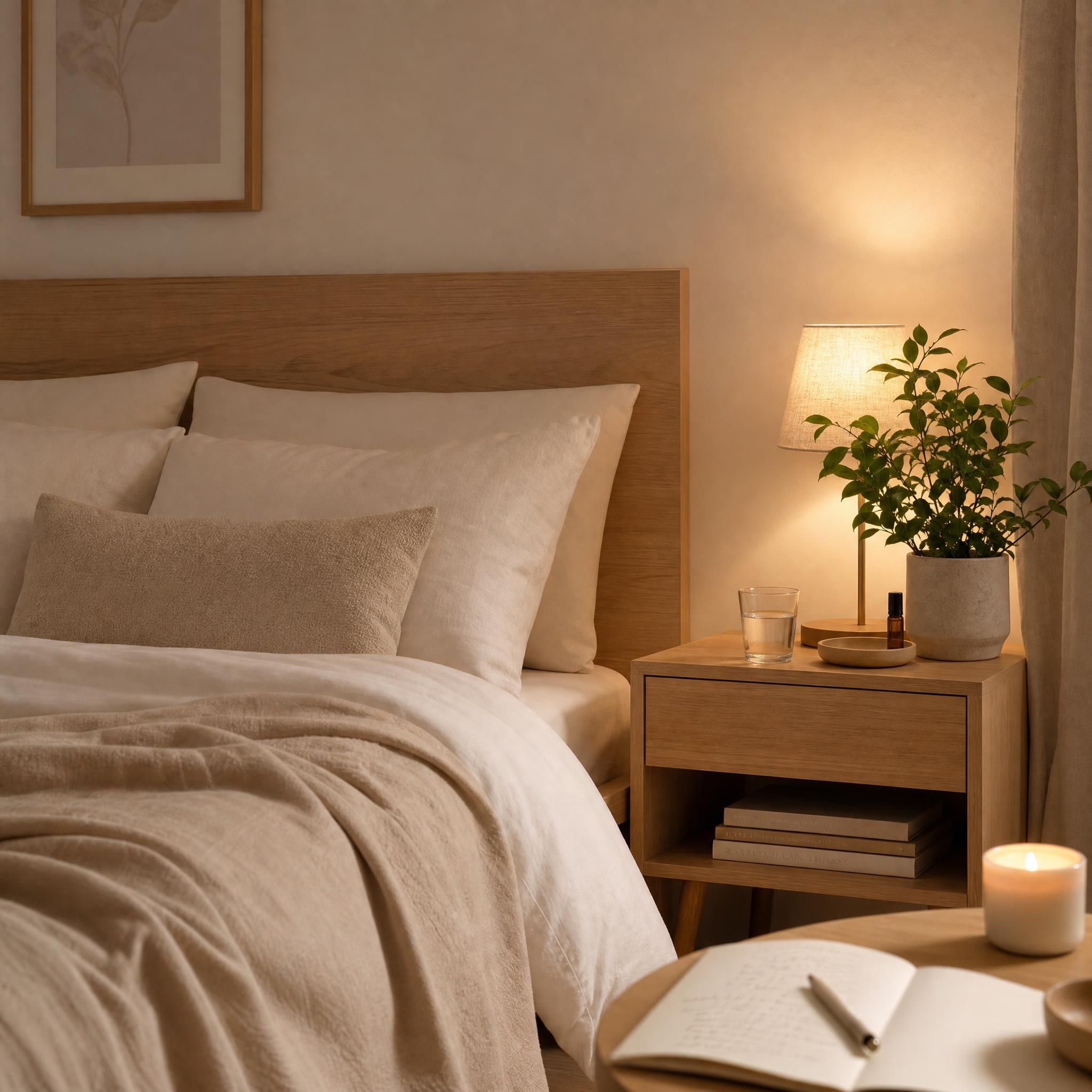 Chambre à coucher apaisante aux tons neutres — blanc cassé, lin naturel, bois clair — avec une lumière tamisée chaude, une plante verte sur la table de chevet, évoquant un rituel du soir serein et propice à l'endormissement naturel