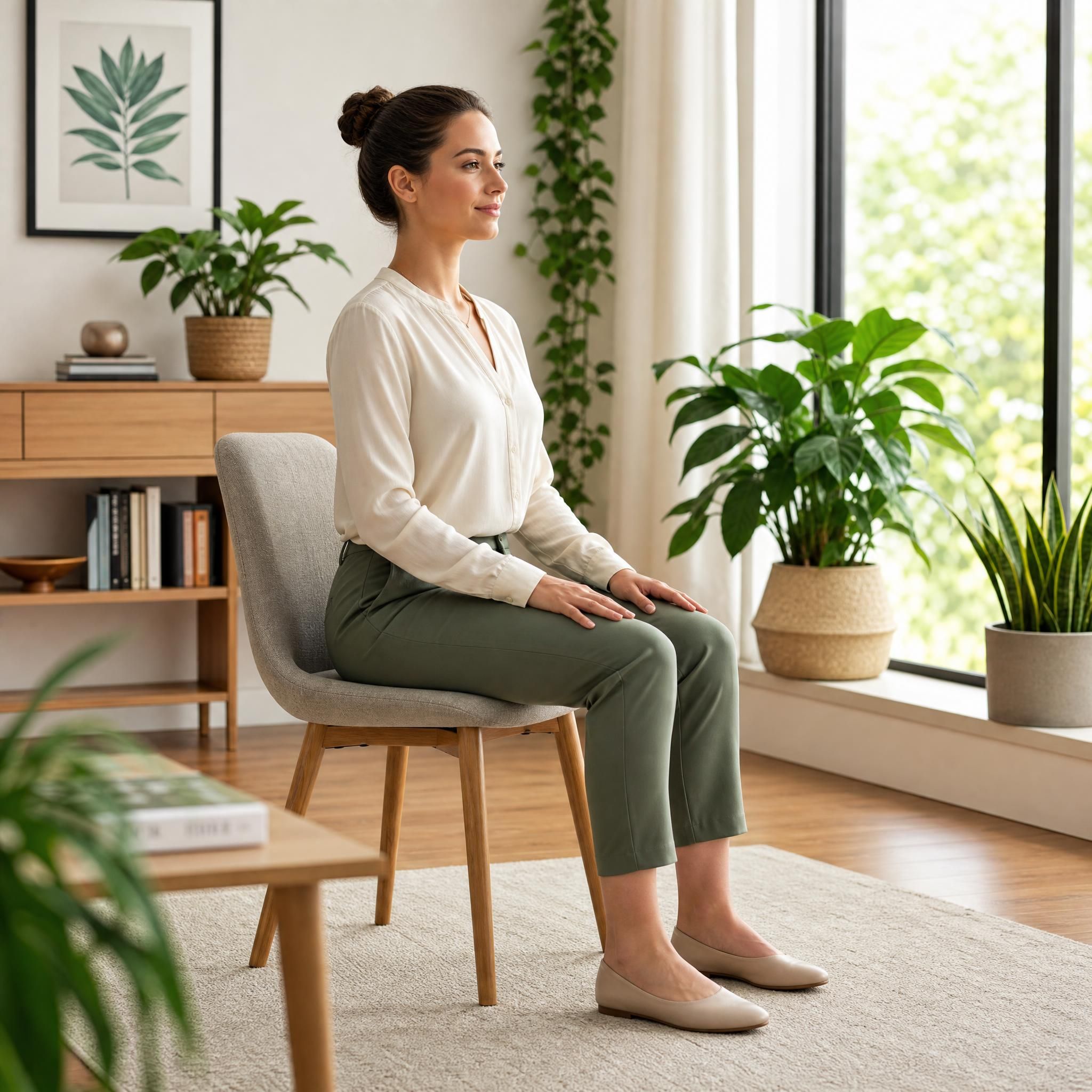 Personne assise en position d'ancrage, pieds à plat sur le sol, dos droit, expression sereine et concentrée, intérieur lumineux et naturel avec plantes vertes