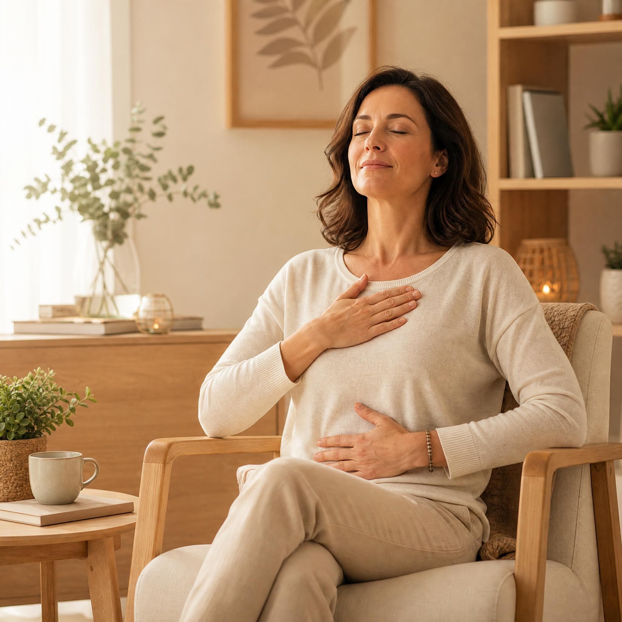 Femme d'environ 40 ans, yeux fermés, visage serein, assise dans un fauteuil chaleureux, pratiquant un exercice de respiration profonde dans un espace lumineux aux tons beige et bois clair