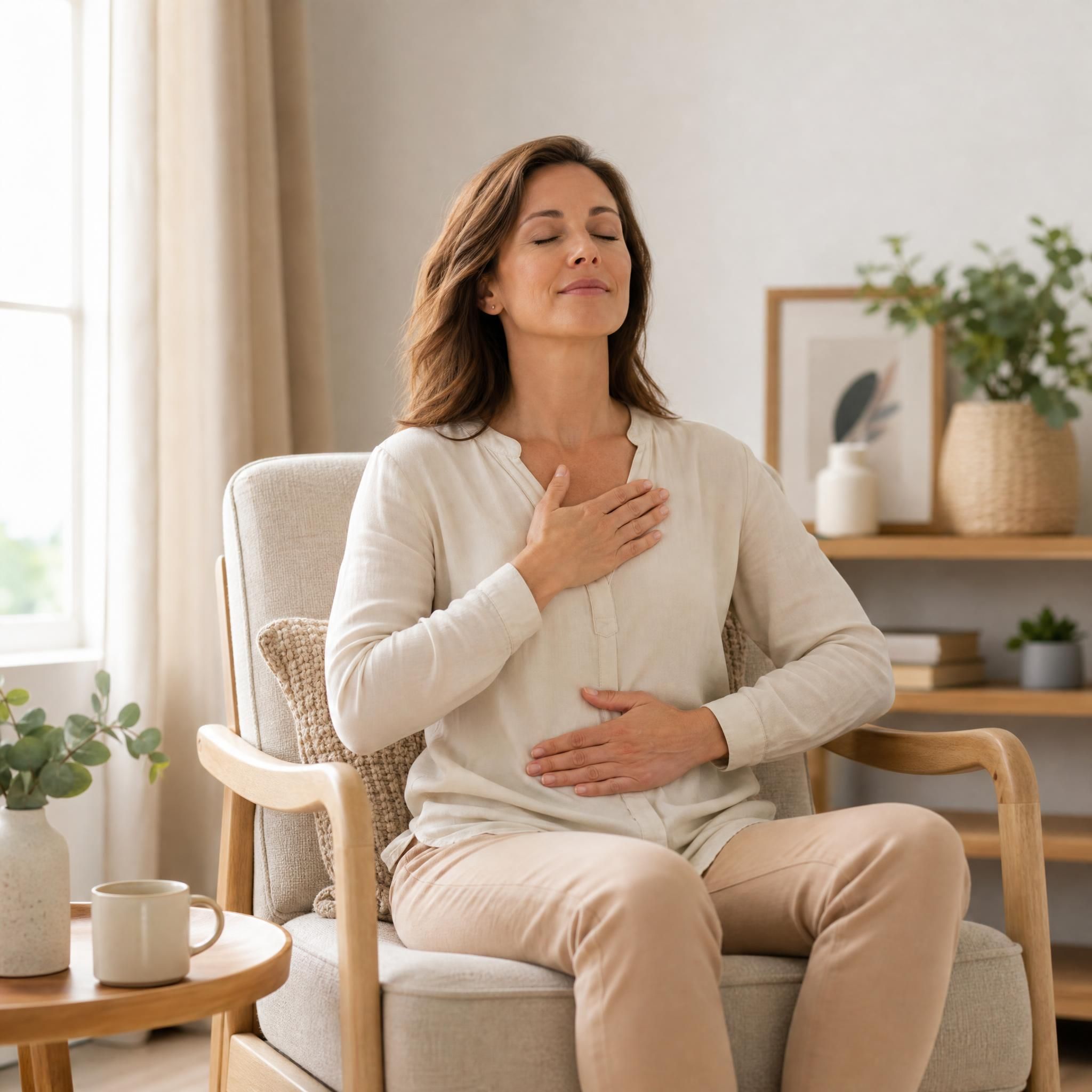 Femme d'environ 40 ans, yeux fermés, visage serein, assise dans un fauteuil confortable aux tons beige et bois clair, pratiquant un exercice de respiration profonde, lumière naturelle douce, ambiance calme et sécurisante