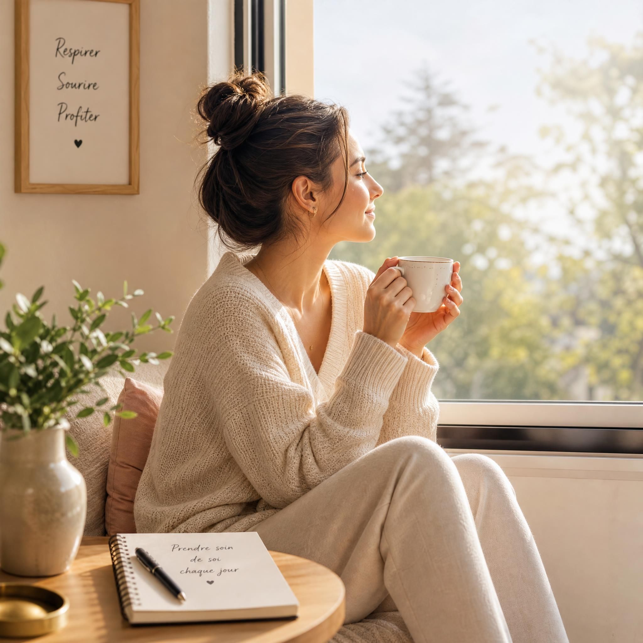 Femme assise près d'une fenêtre ensoleillée, tenant une tasse de thé, regard paisible tourné vers l'extérieur, illustrant un moment de rituel bien-être matinal