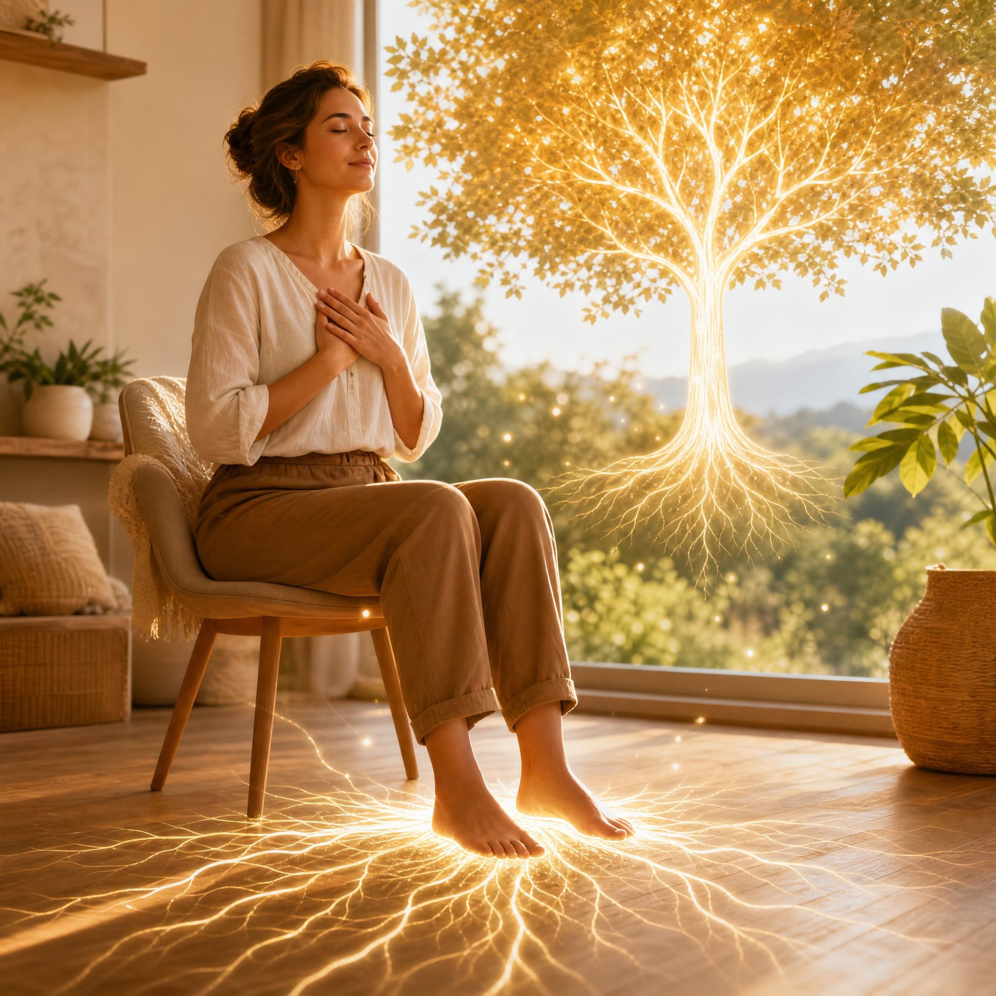 Femme assise les yeux fermés, pieds nus sur le sol, dans un espace naturel lumineux, visualisation symbolique d'un arbre avec des racines lumineuses sous ses pieds, ambiance dorée et apaisante