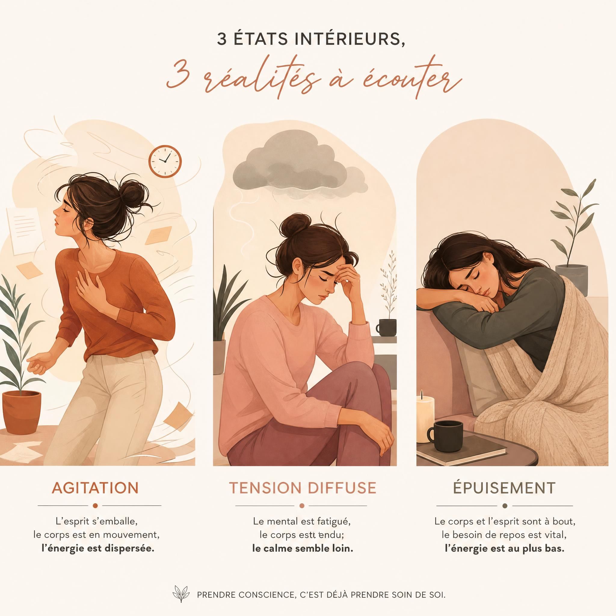 Illustration conceptuelle montrant trois états intérieurs différents — agitation, tension diffuse, et épuisement — représentés par des silhouettes féminines dans des postures corporelles distinctes, tons doux et chaleureux