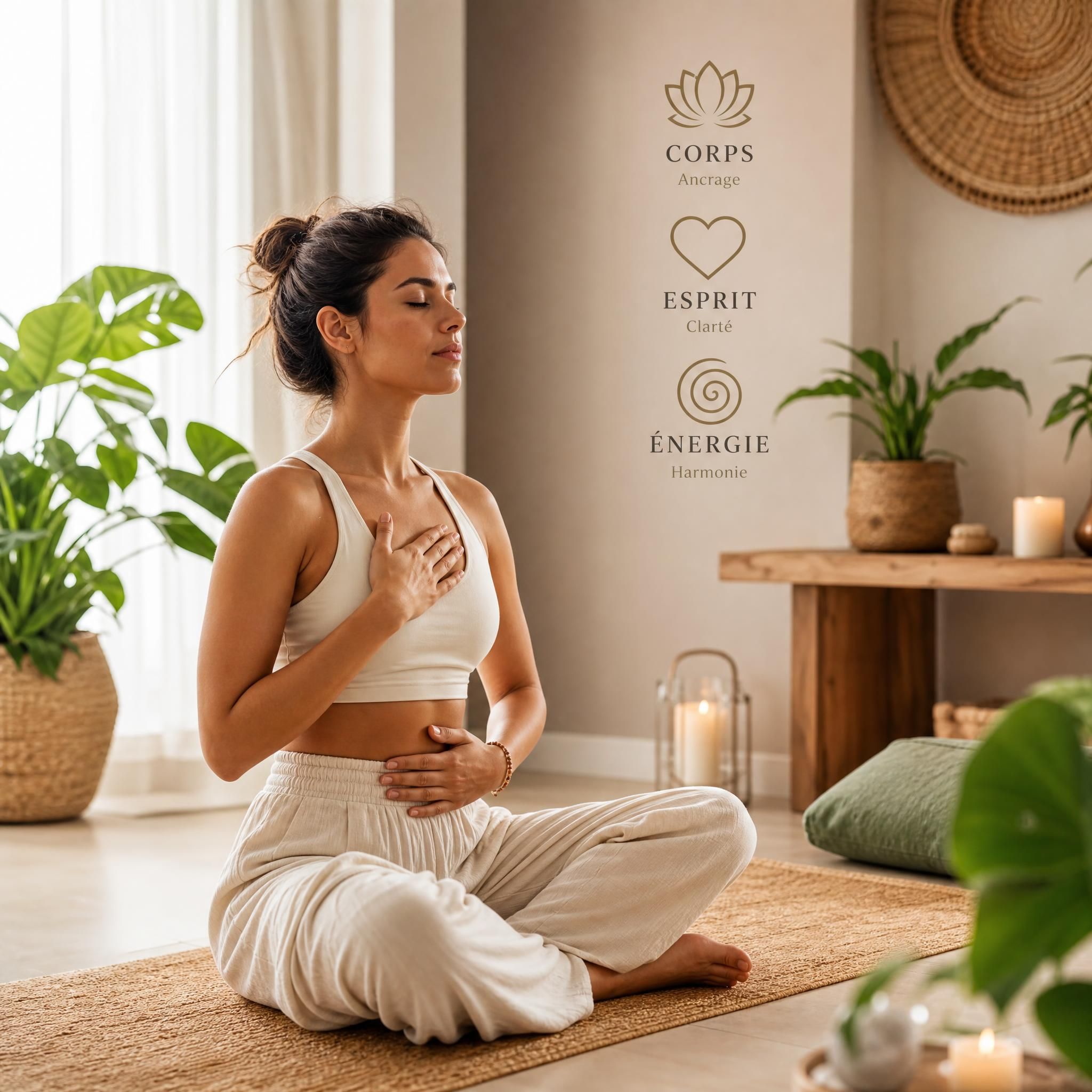 femme pratiquant un exercice de respiration profonde dans un espace intérieur chaleureux et apaisant, lumière naturelle douce, ambiance bien-être holistique Corps-Esprit-Énergie