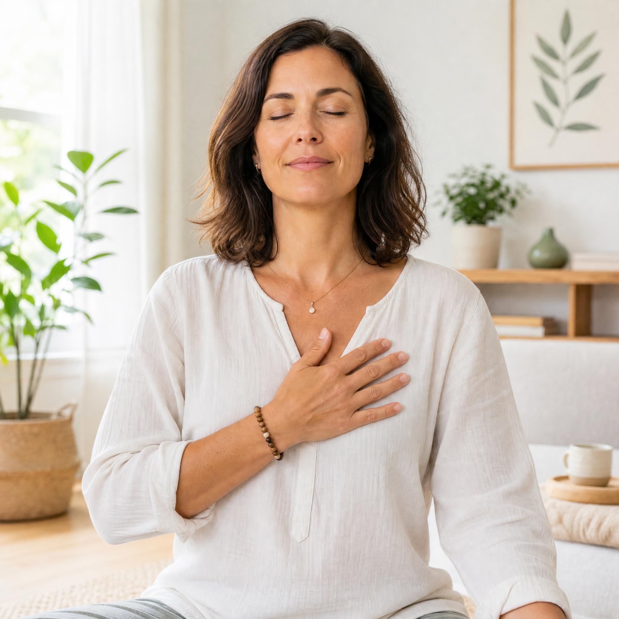 femme d'environ 40 ans, yeux fermés, main posée sur le cœur, visage serein, pratiquant un exercice d'ancrage émotionnel dans un espace intérieur lumineux et apaisant