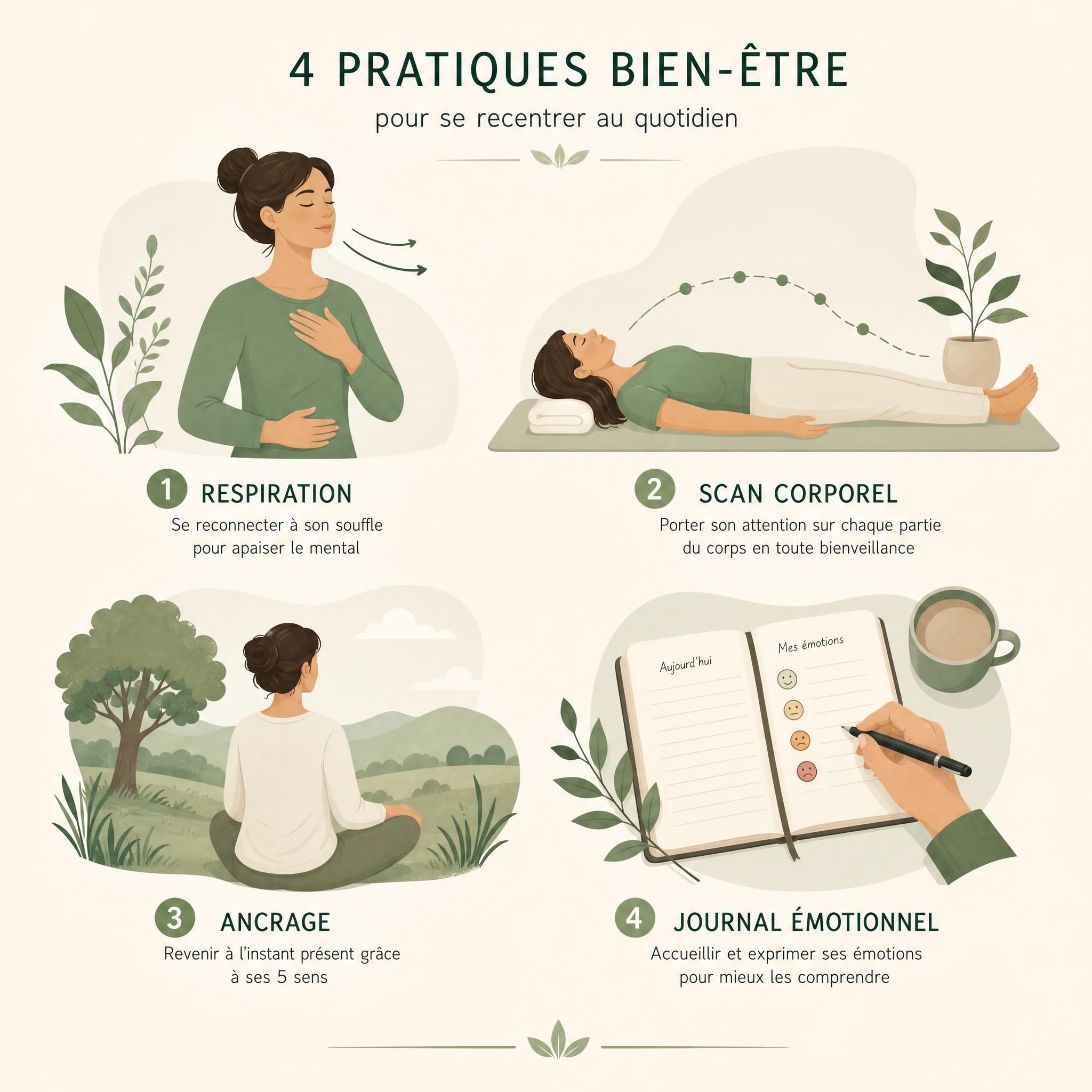 composition visuelle de 4 pratiques bien-être : respiration, scan corporel, ancrage, journal émotionnel, style illustration moderne épuré tons beige et vert doux