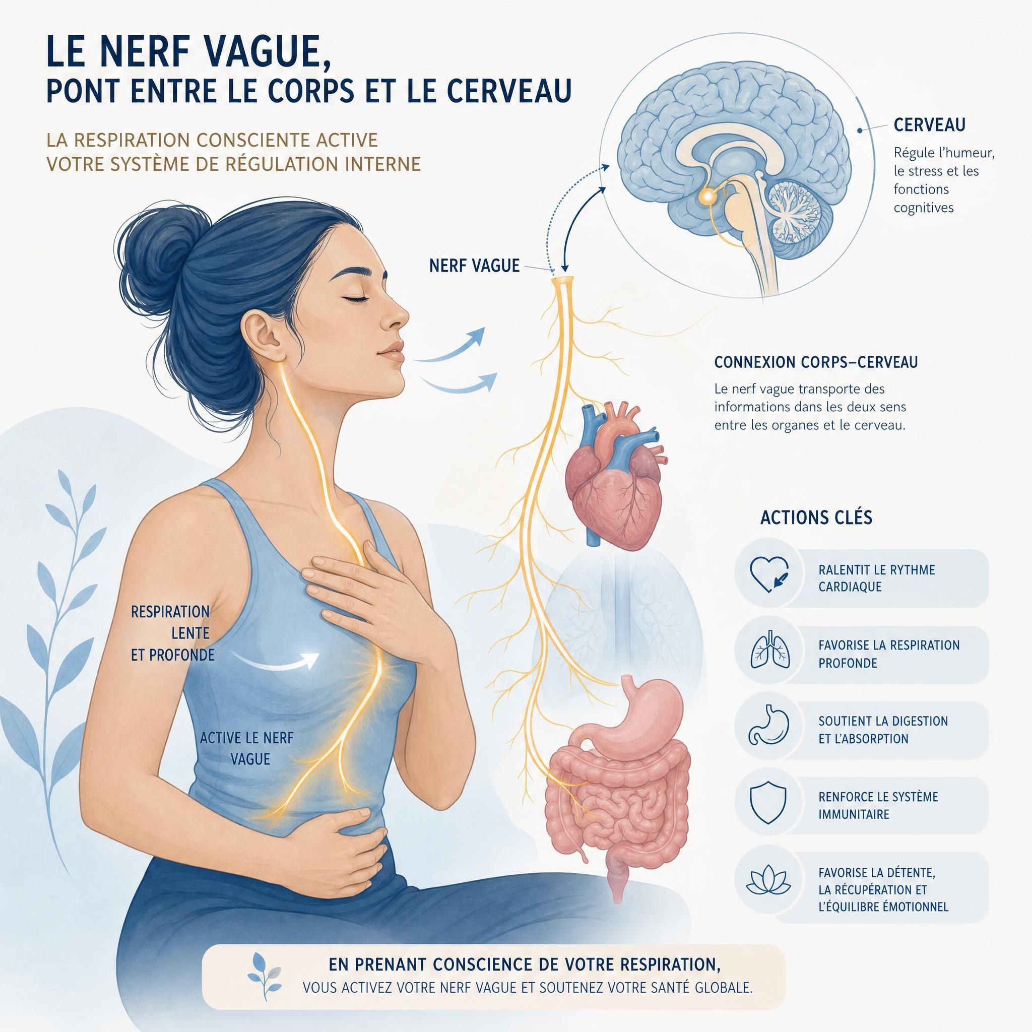 illustration scientifique stylisée montrant le nerf vague et la connexion corps-cerveau lors d'un exercice de respiration consciente, tons doux bleu et beige
