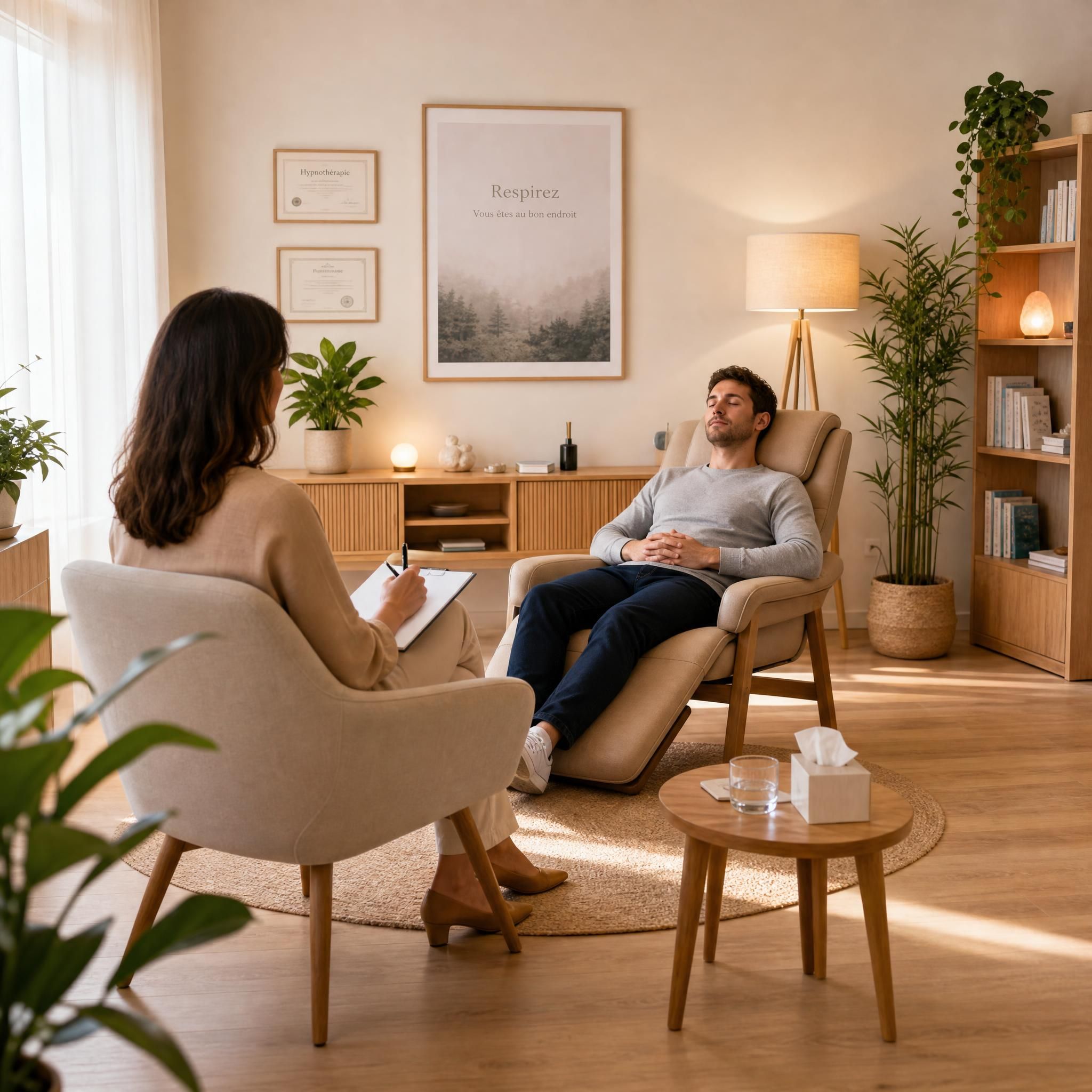 Hypnothérapeute et client en séance dans un cabinet moderne et chaleureux, tons beige et bois clair, plantes vertes, lumière naturelle douce, atmosphère de confiance et de bienveillance, plan large