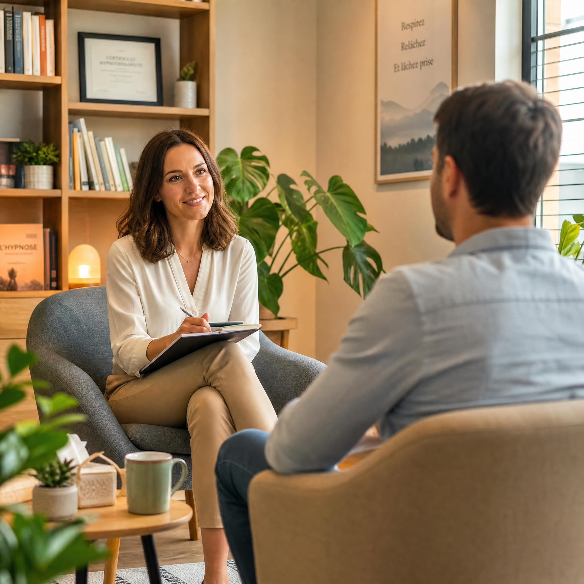Hypnothérapeute et client dans un cabinet chaleureux, échange bienveillant, plantes vertes, lumière naturelle douce, ambiance de confiance et de sécurité, plan moyen