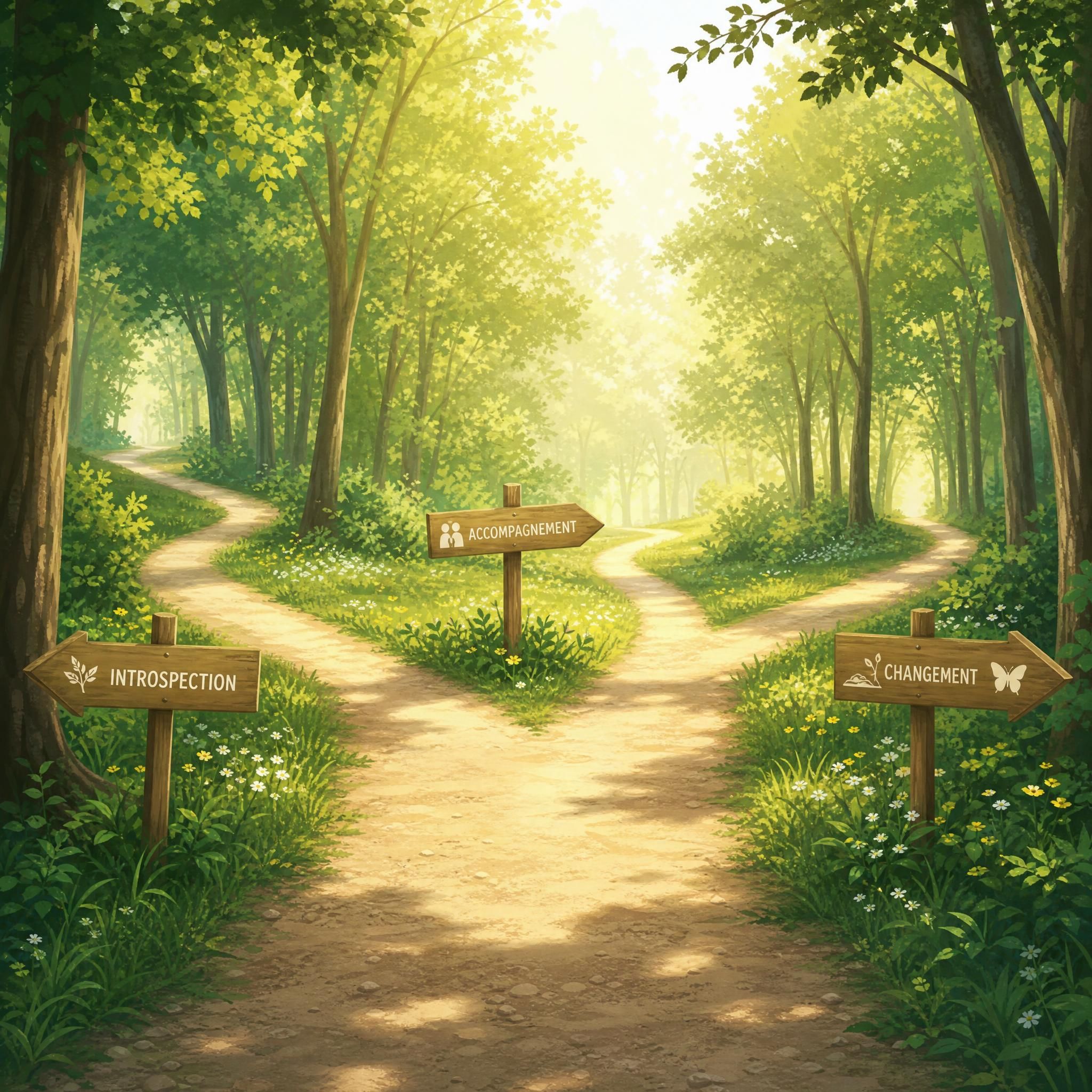 Illustration douce d'un chemin se divisant en plusieurs directions dans une forêt lumineuse, métaphore du choix thérapeutique, tons verts et dorés, plan large