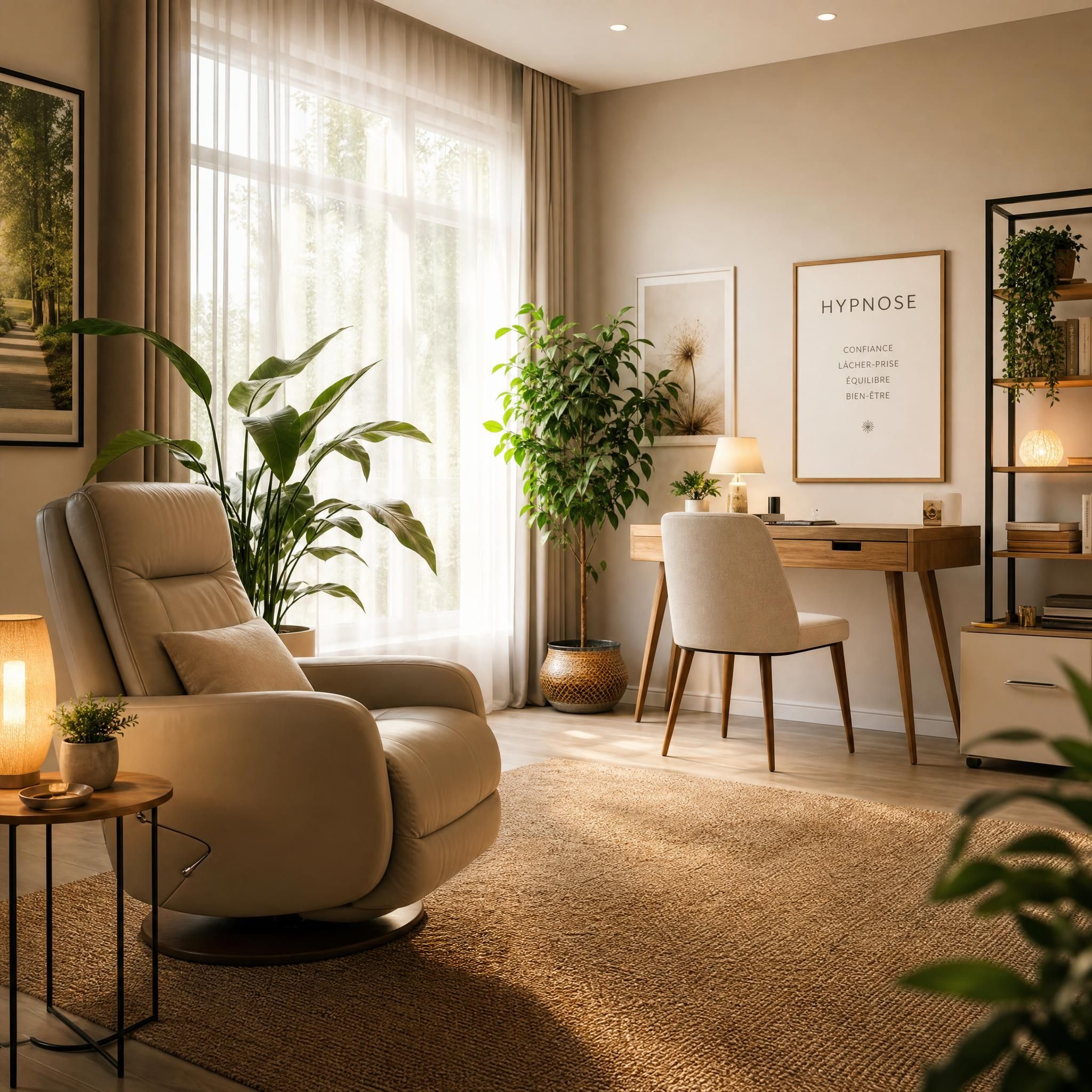 Plan large d'un cabinet d'hypnose chaleureux et lumineux, fauteuil confortable, plantes vertes, lumière naturelle filtrée, ambiance sereine et professionnelle, sans personne — invitation à l'espace de soin
