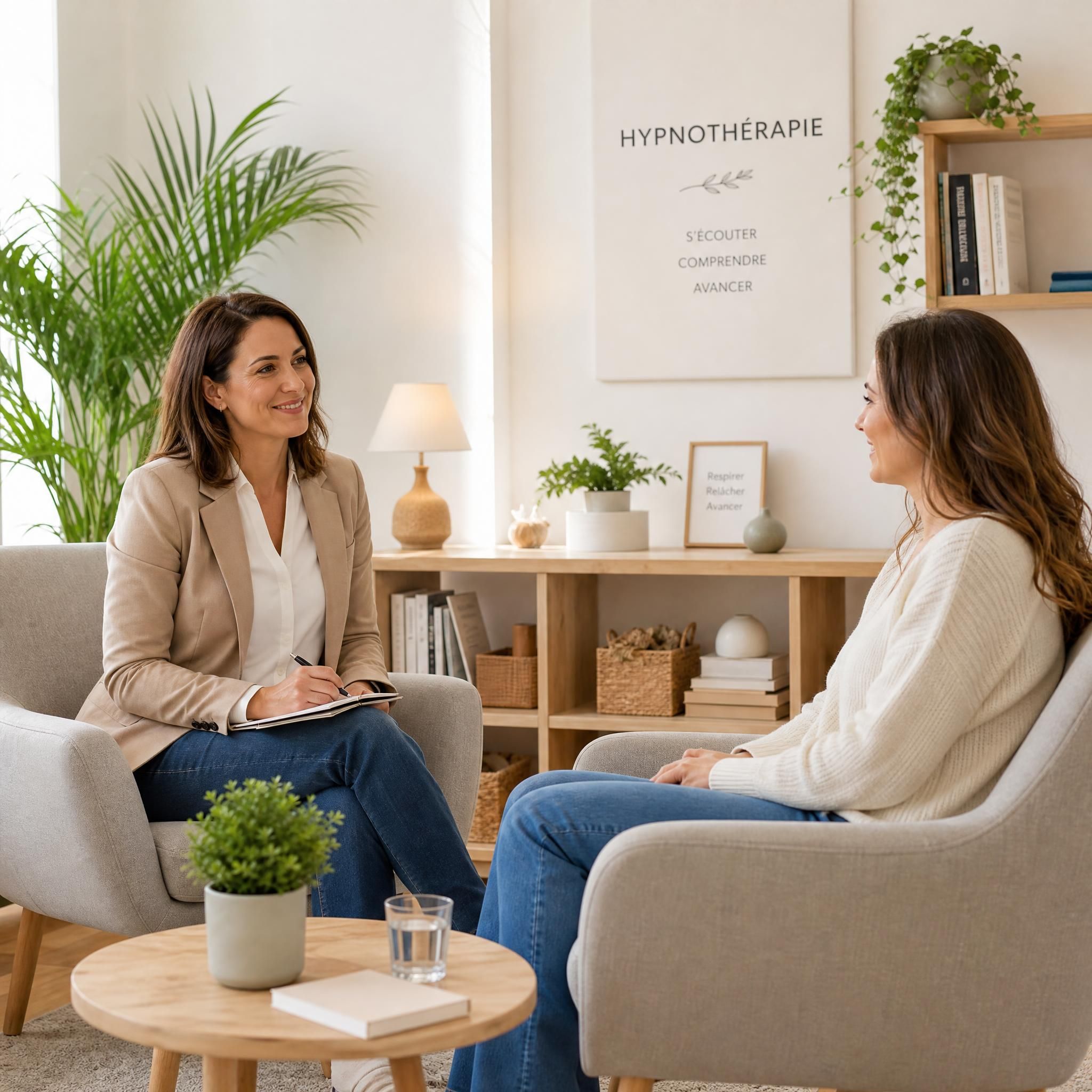 Hypnothérapeute et patiente en fin de séance, posture ouverte et détendue, regard bienveillant, cabinet lumineux avec plantes vertes et mobilier en bois clair, atmosphère de confiance et de sérénité