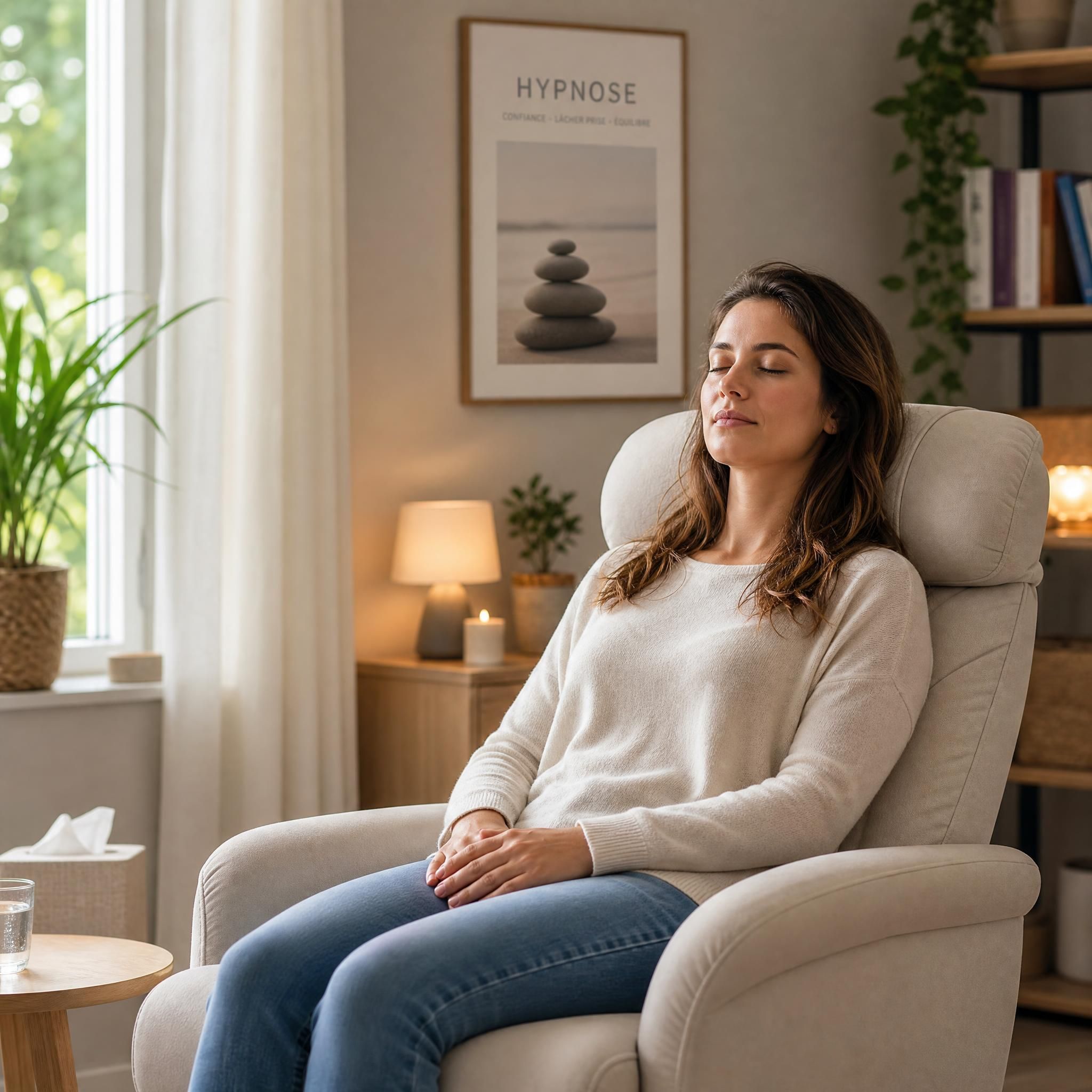 Femme détendue dans un fauteuil de cabinet d'hypnose, yeux fermés, expression apaisée, mains posées sur les genoux, lumière naturelle douce filtrant par une fenêtre, ambiance chaleureuse et sécurisante